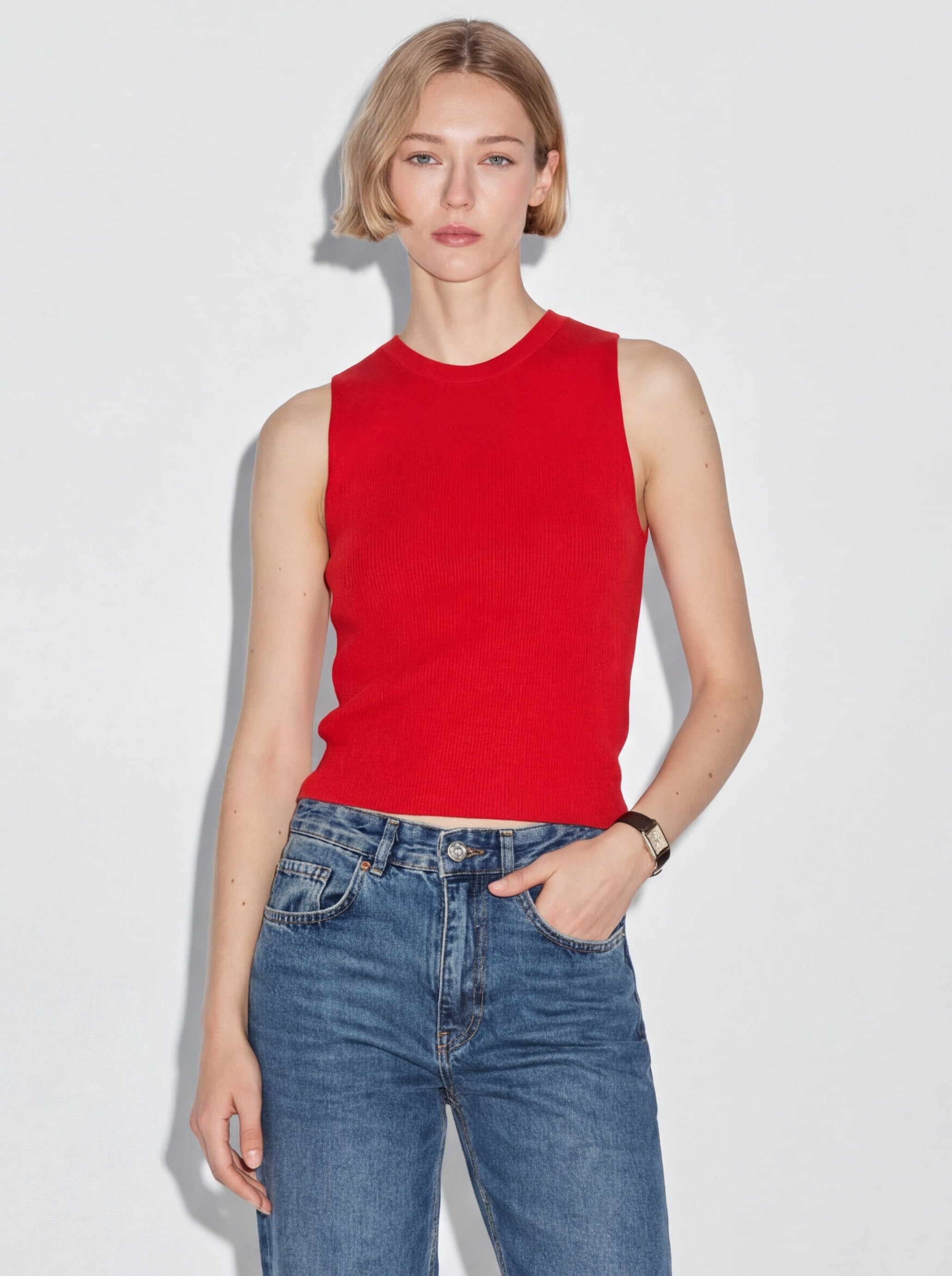 SLEEVELESS WOVEN KNITWEAR RED
