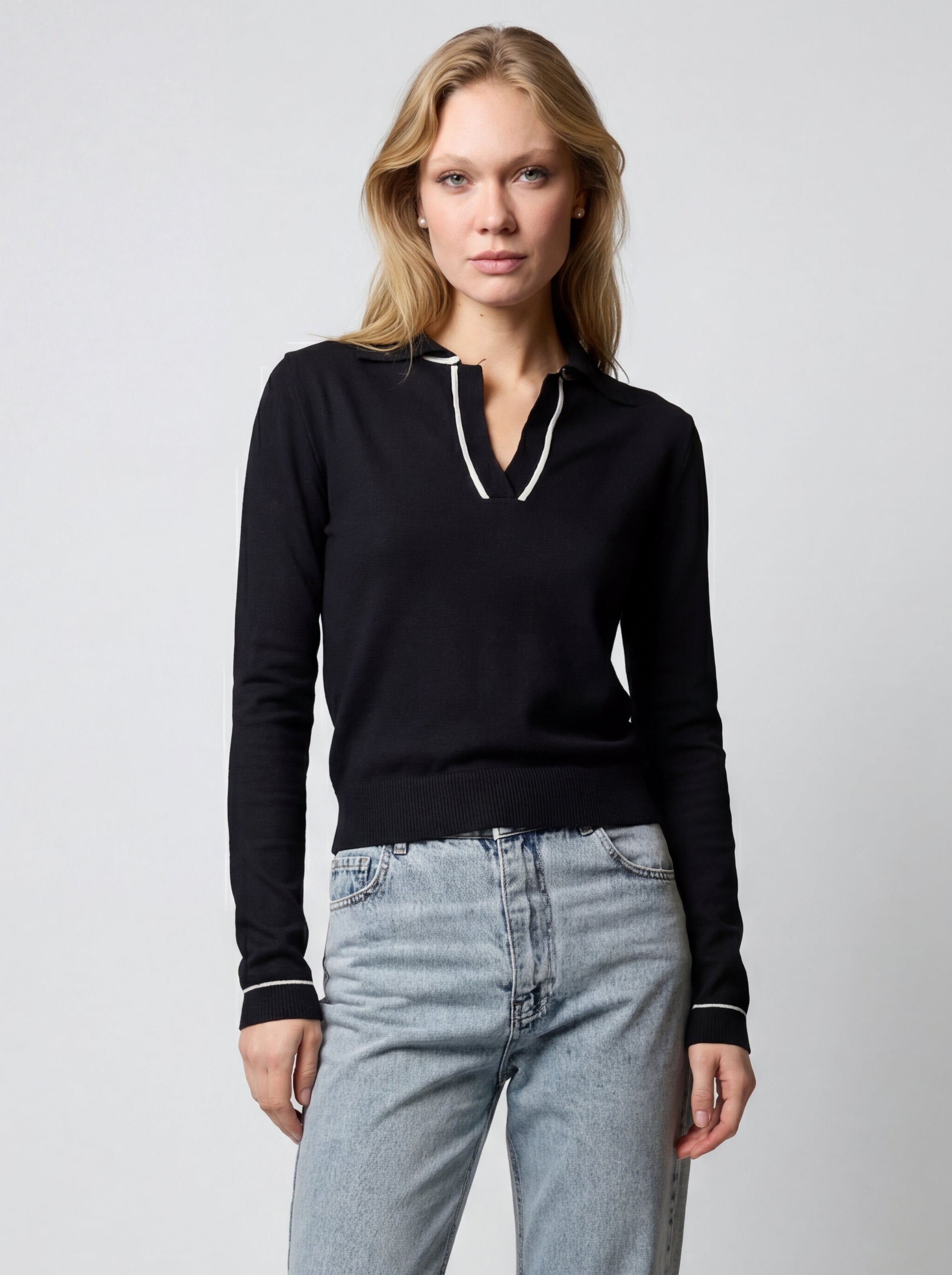 POLO COLLAR SOFT TEXTURED KNITWEAR BLACK