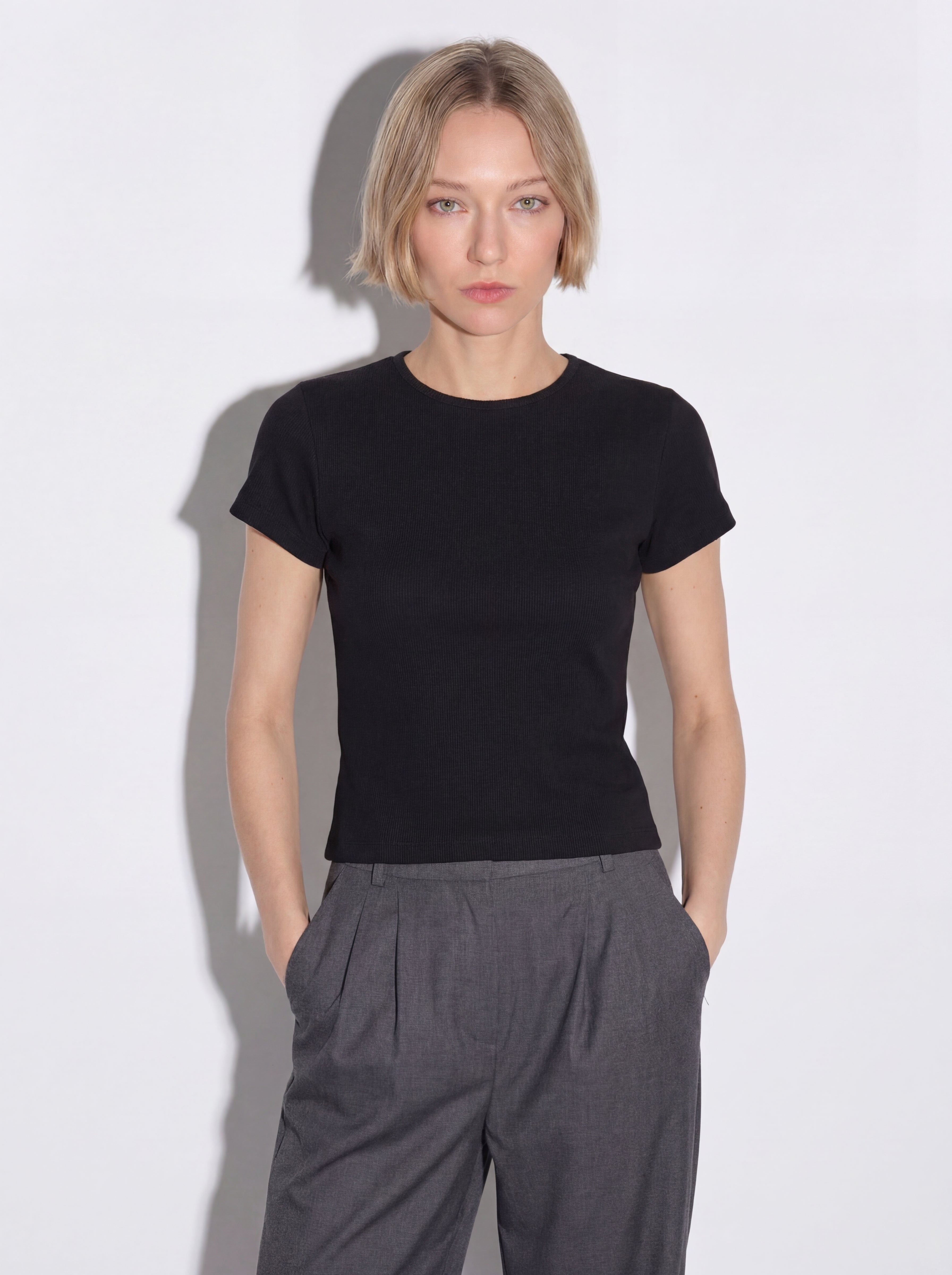 FITILLI KISA KOLLU PAMUK T-SHIRT SIYAH