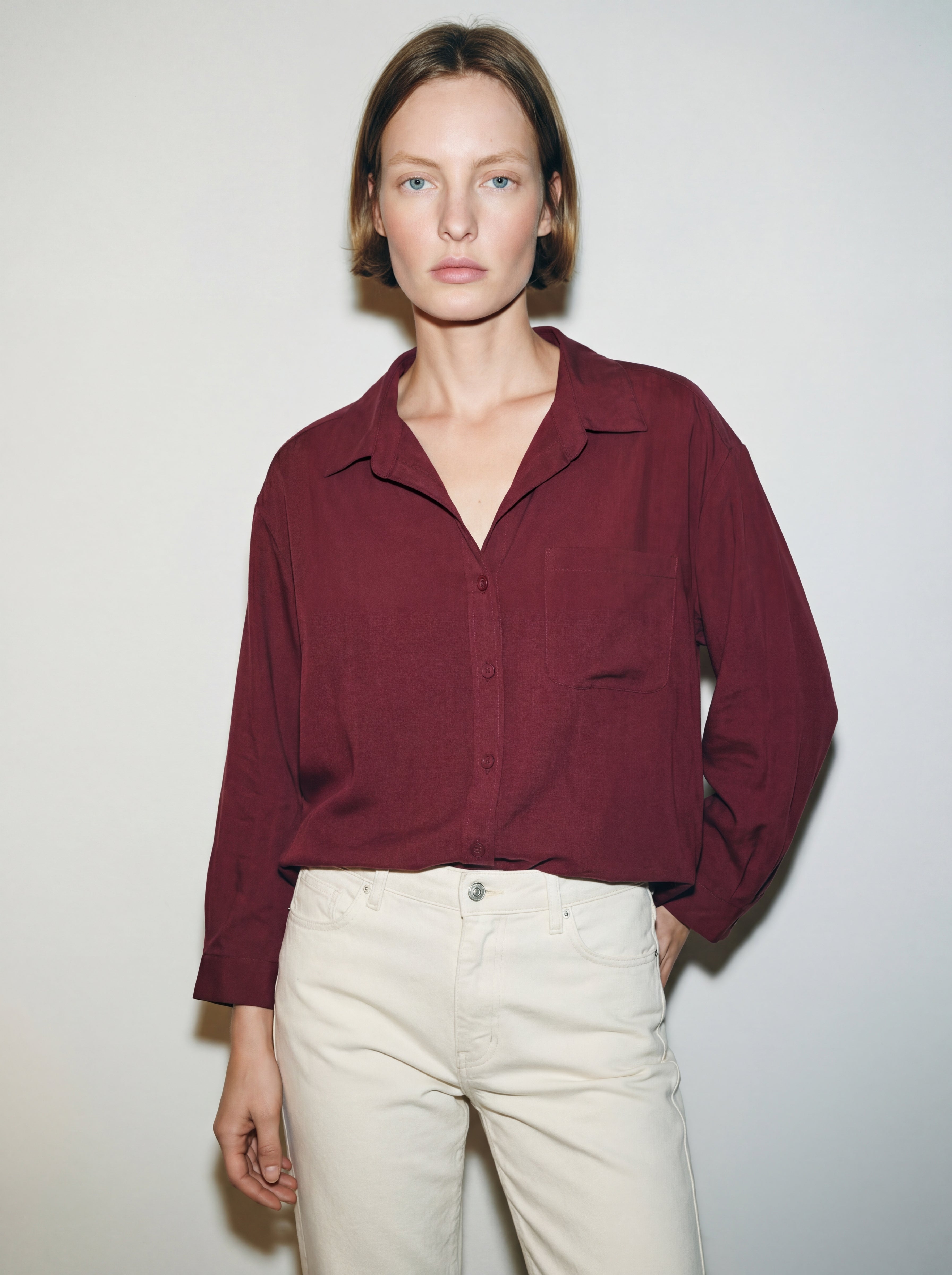 DOKUMLU CEPLI TENCEL GOMLEK CHERRY