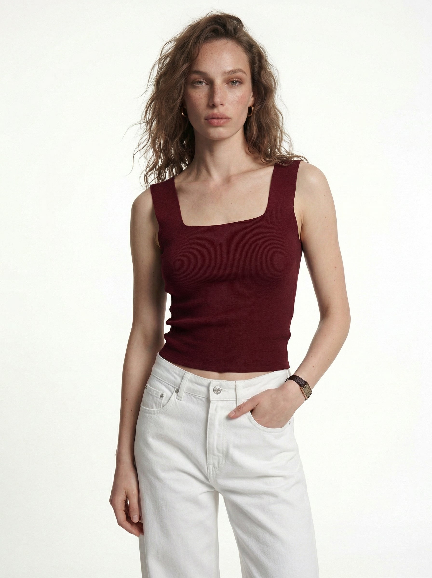 SQUARE COLLAR KNITWEAR BLOUSE CLARET RED