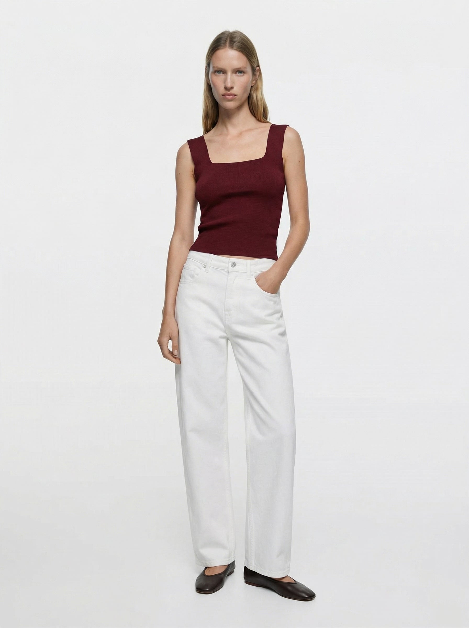 SQUARE COLLAR KNITWEAR BLOUSE CLARET RED