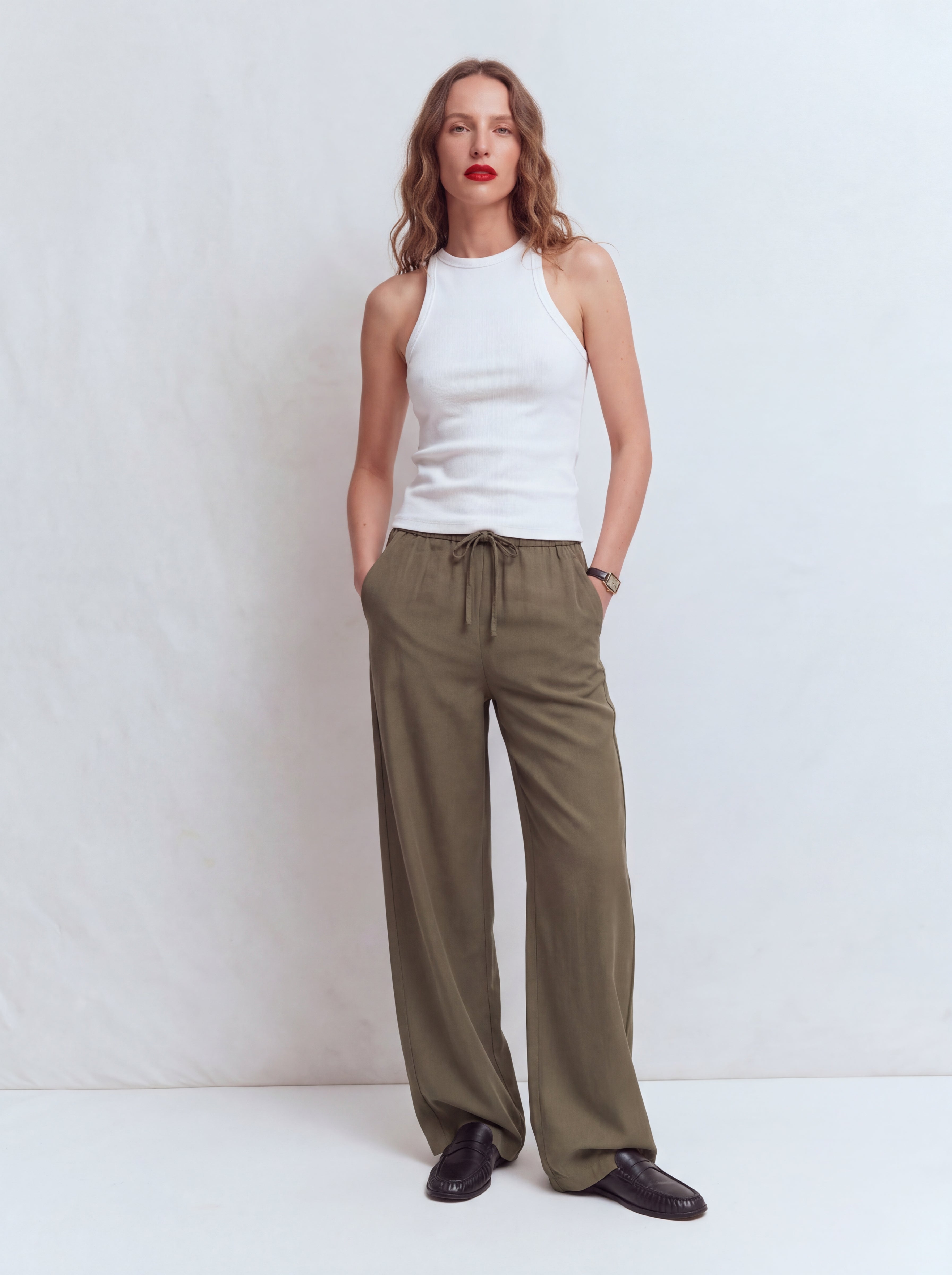 MODAL WIDE LEG TROUSERS WITH ELASTIC WAIST BAND KHAKI