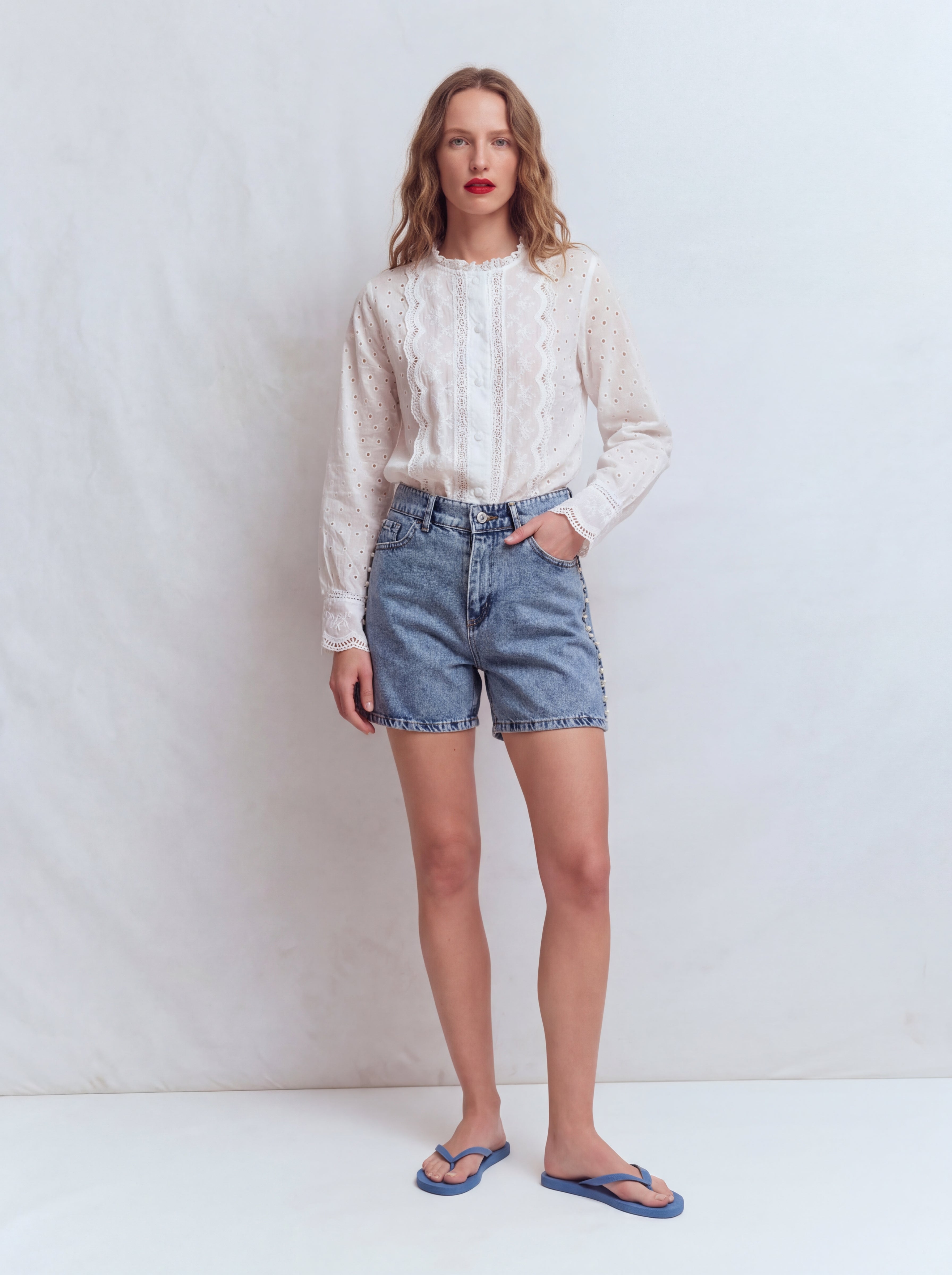 PEARL DETAIL DENIM SHORTS