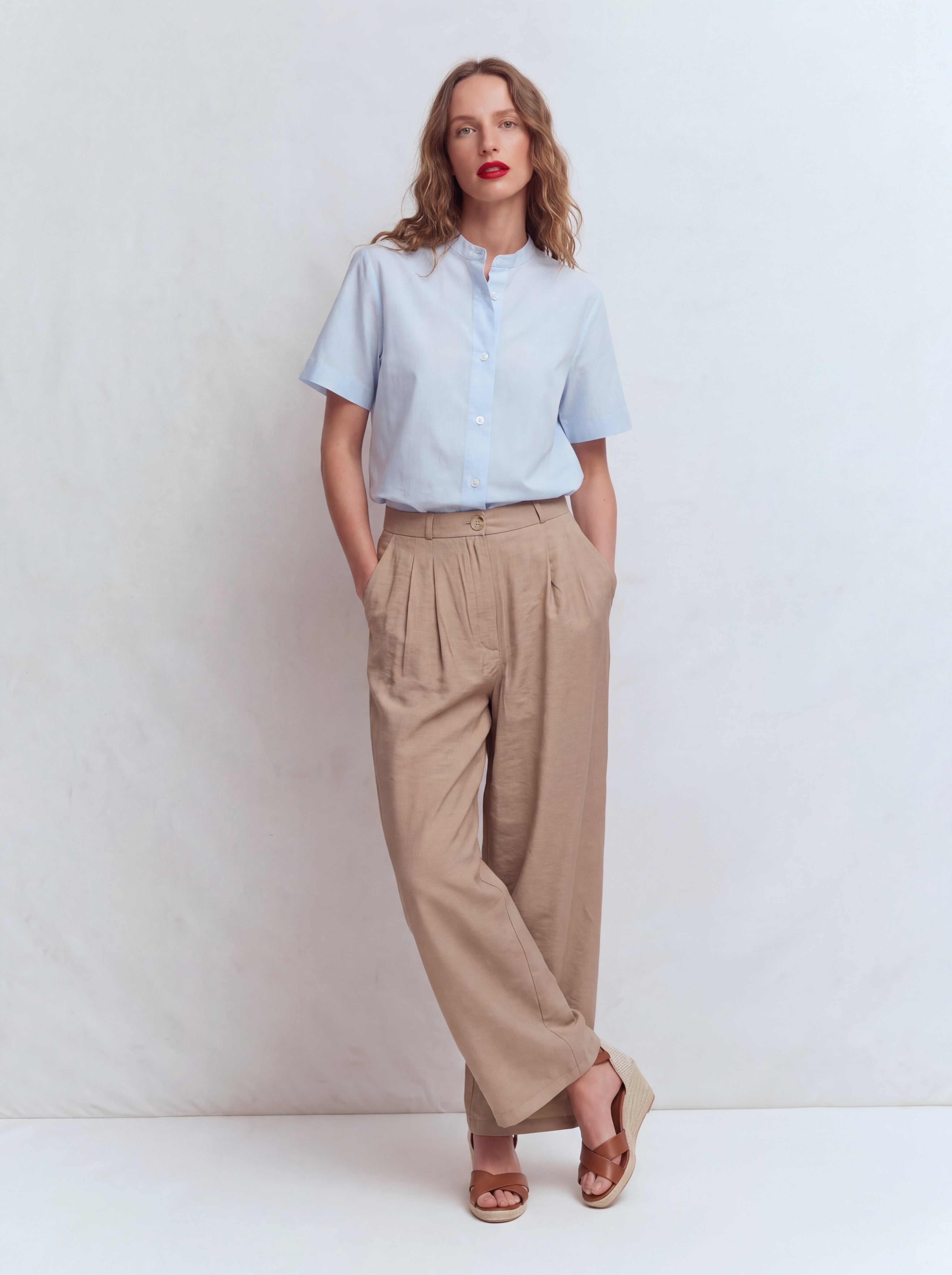 DOUBLE PLEATED FLOWING PALAZZO TROUSERS BEIGE