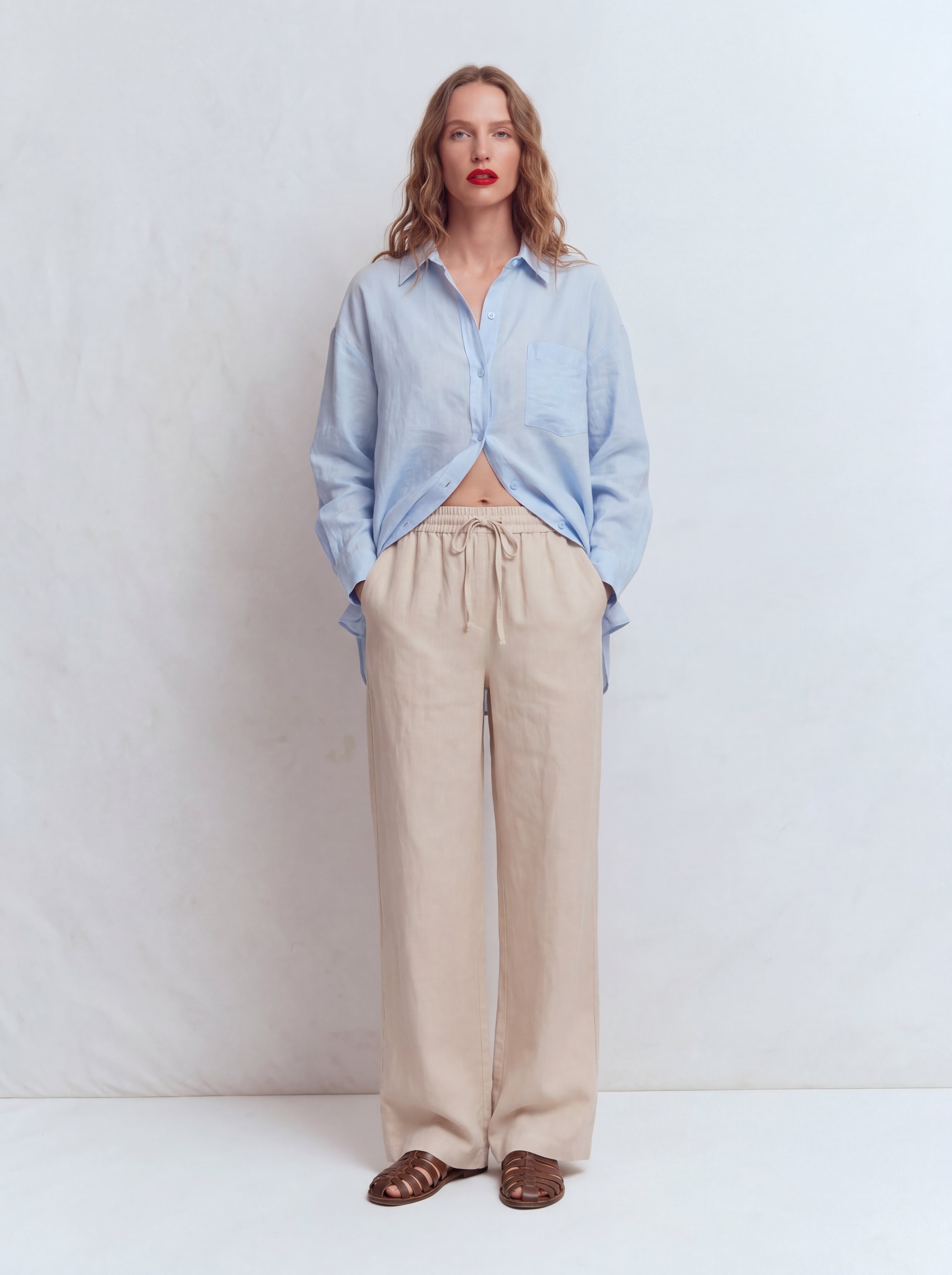 MODAL ELASTIK BEL BANTLI GENIS PACA PANTOLON KREM