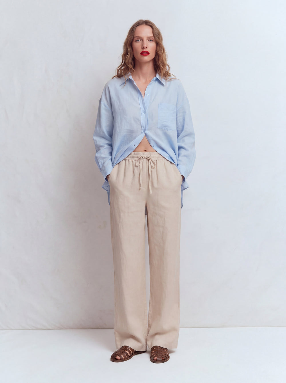 MODAL ELASTIK BEL BANTLI GENIS PACA PANTOLON KREM