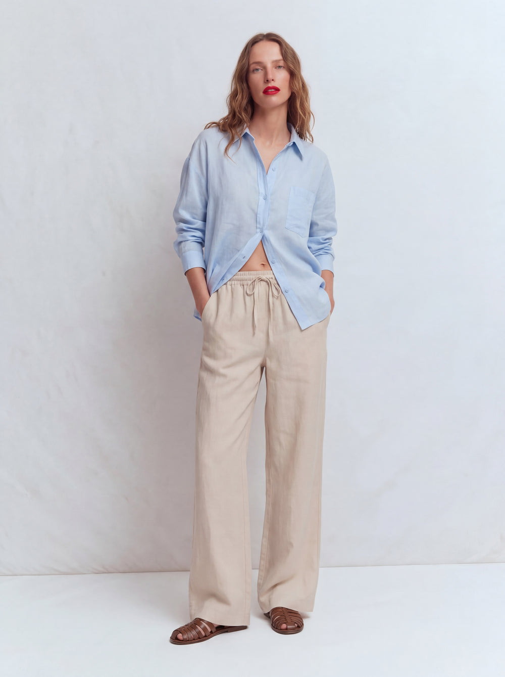 MODAL ELASTIK BEL BANTLI GENIS PACA PANTOLON KREM