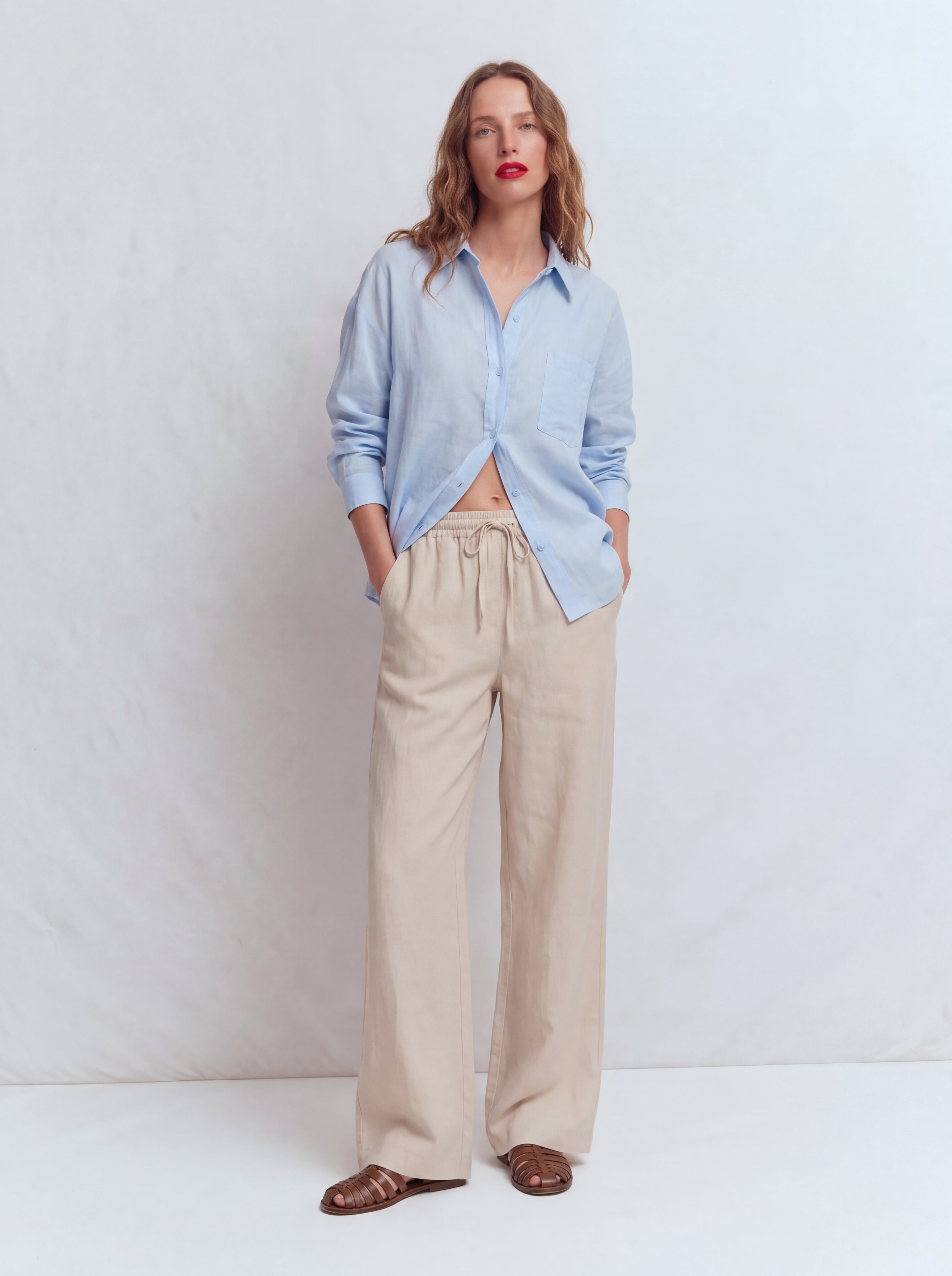 MODAL ELASTIC WAIST BAND WIDE LEGS PANTS CREAM