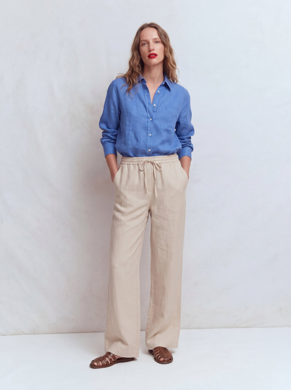 MODAL ELASTIK BEL BANTLI GENIS PACA PANTOLON KREM