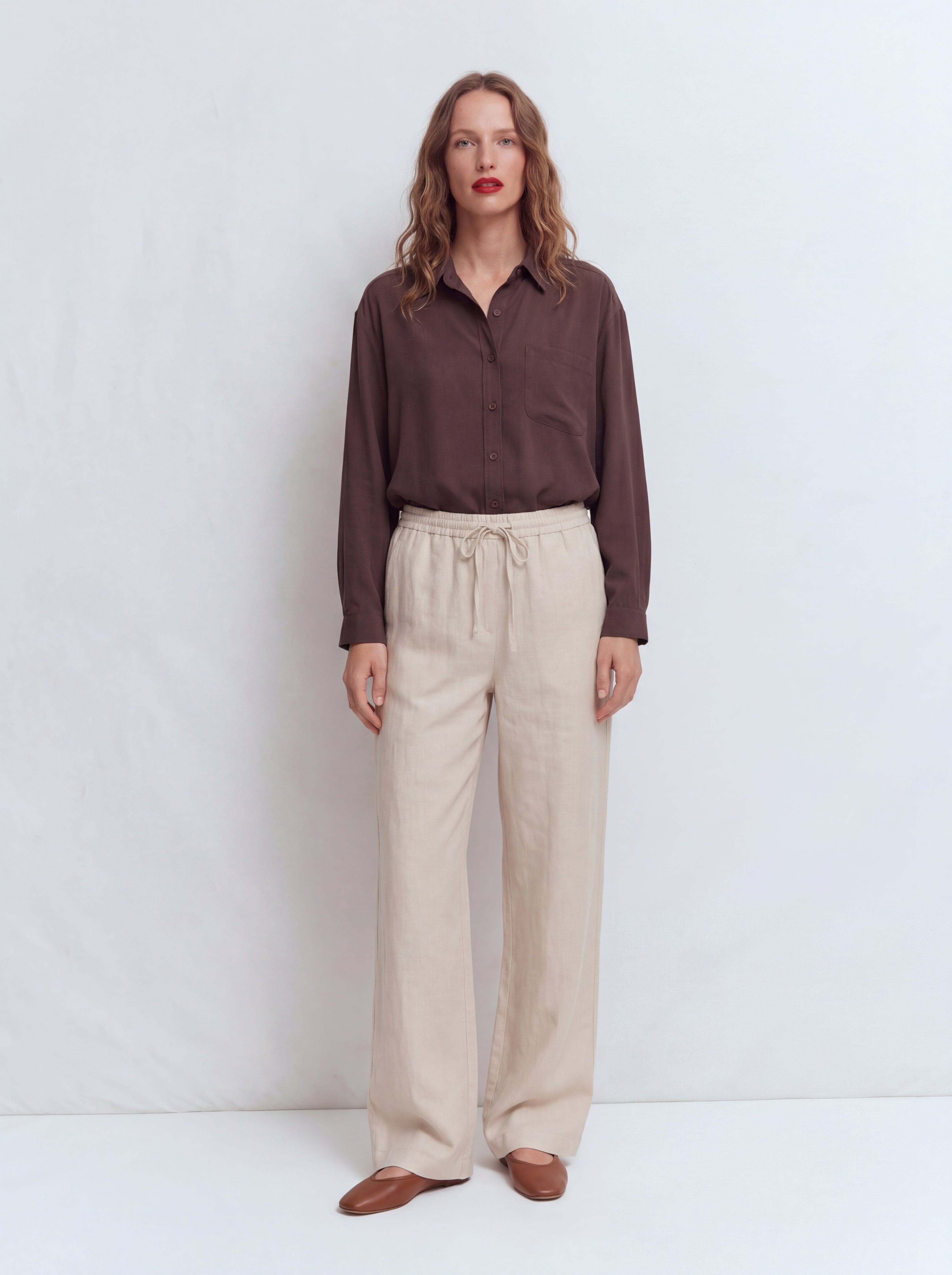 MODAL ELASTIC WAIST BAND WIDE LEGS PANTS CREAM