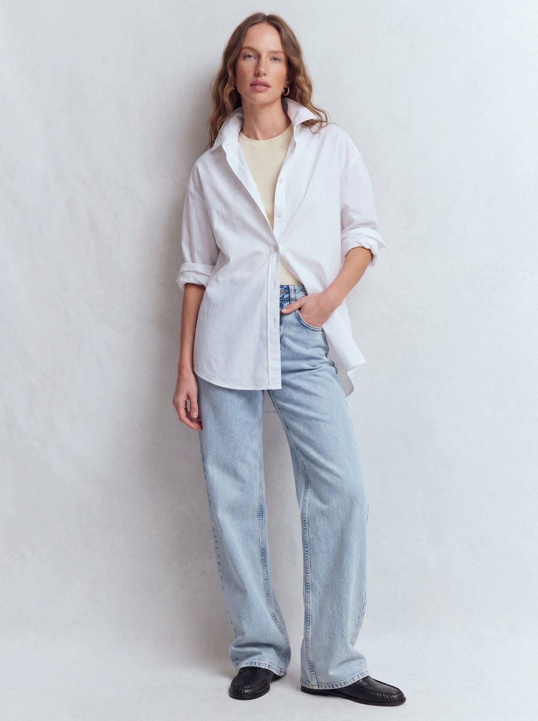 STRAIGHT FIT HIGH WAIST PIECE LEG JEANS LIGHT BLUE