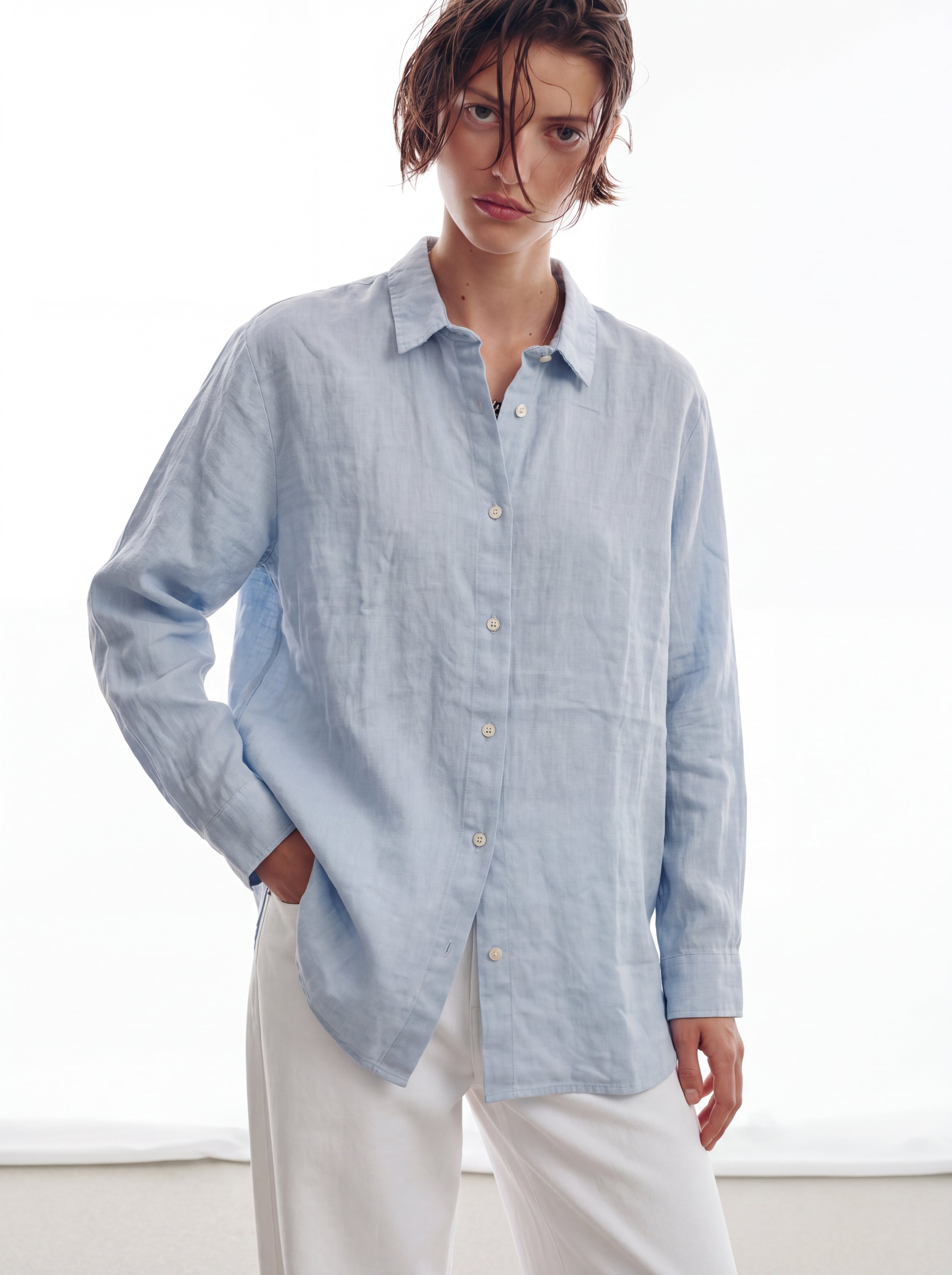 DOKUMLU %100 YIKANMIS KETEN GOMLEK MAVI