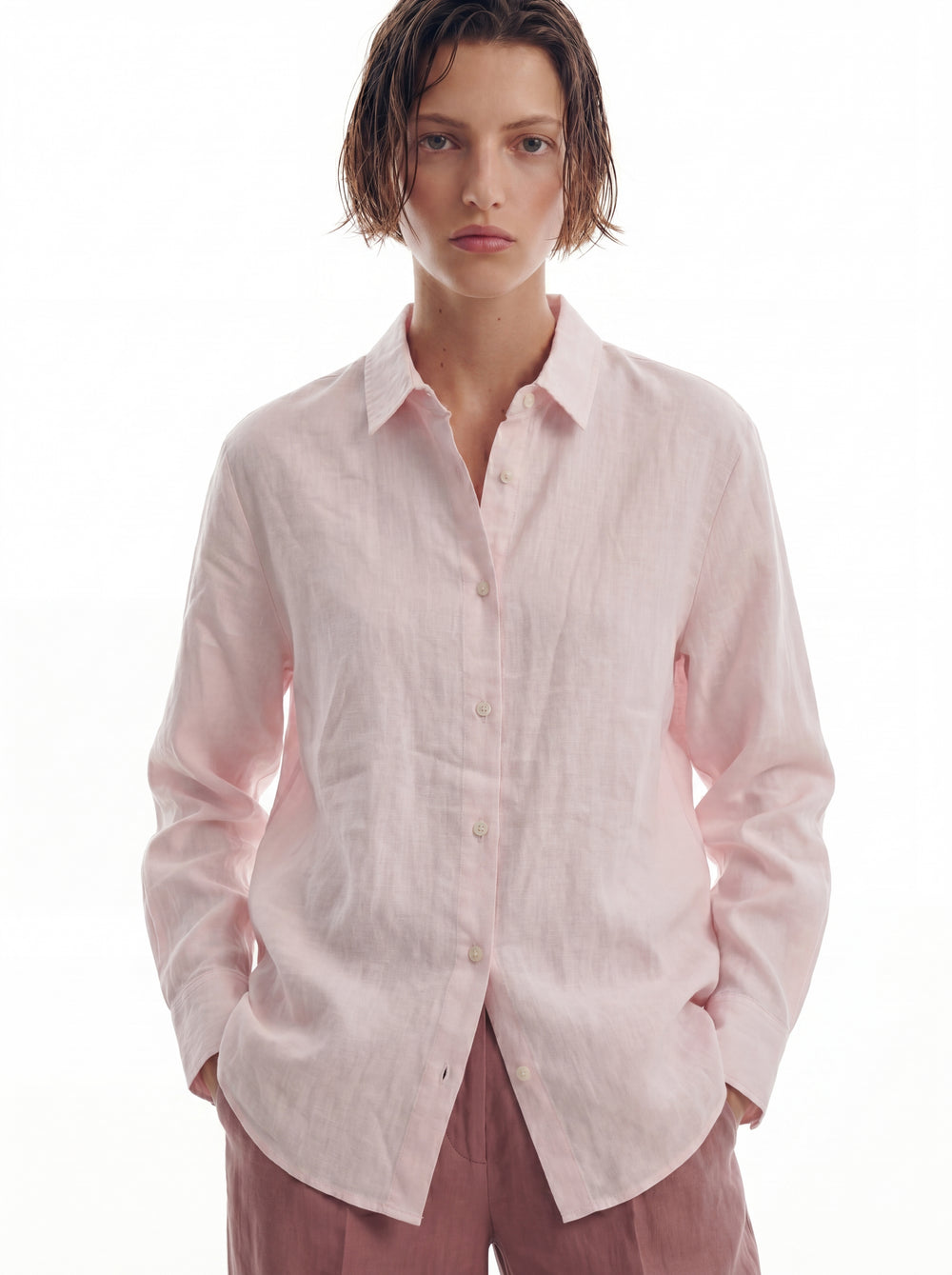 DOKUMLU %100 YIKANMIS KETEN GOMLEK PEMBE