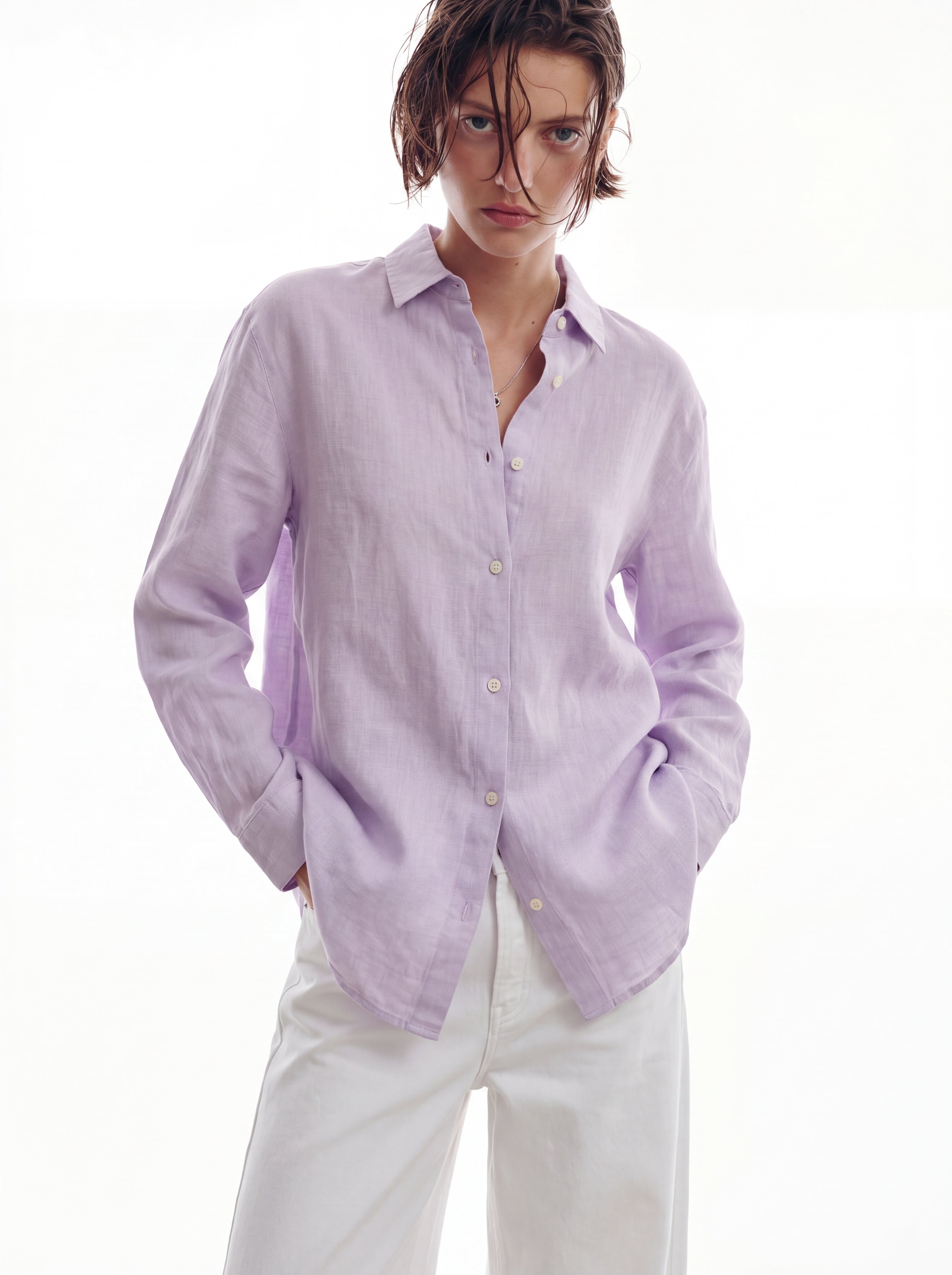 DOKUMLU %100 YIKANMIS KETEN GOMLEK LILA