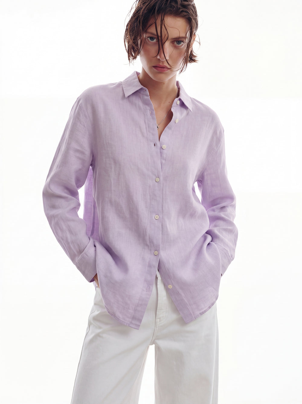 DOKUMLU %100 YIKANMIS KETEN GOMLEK LILA