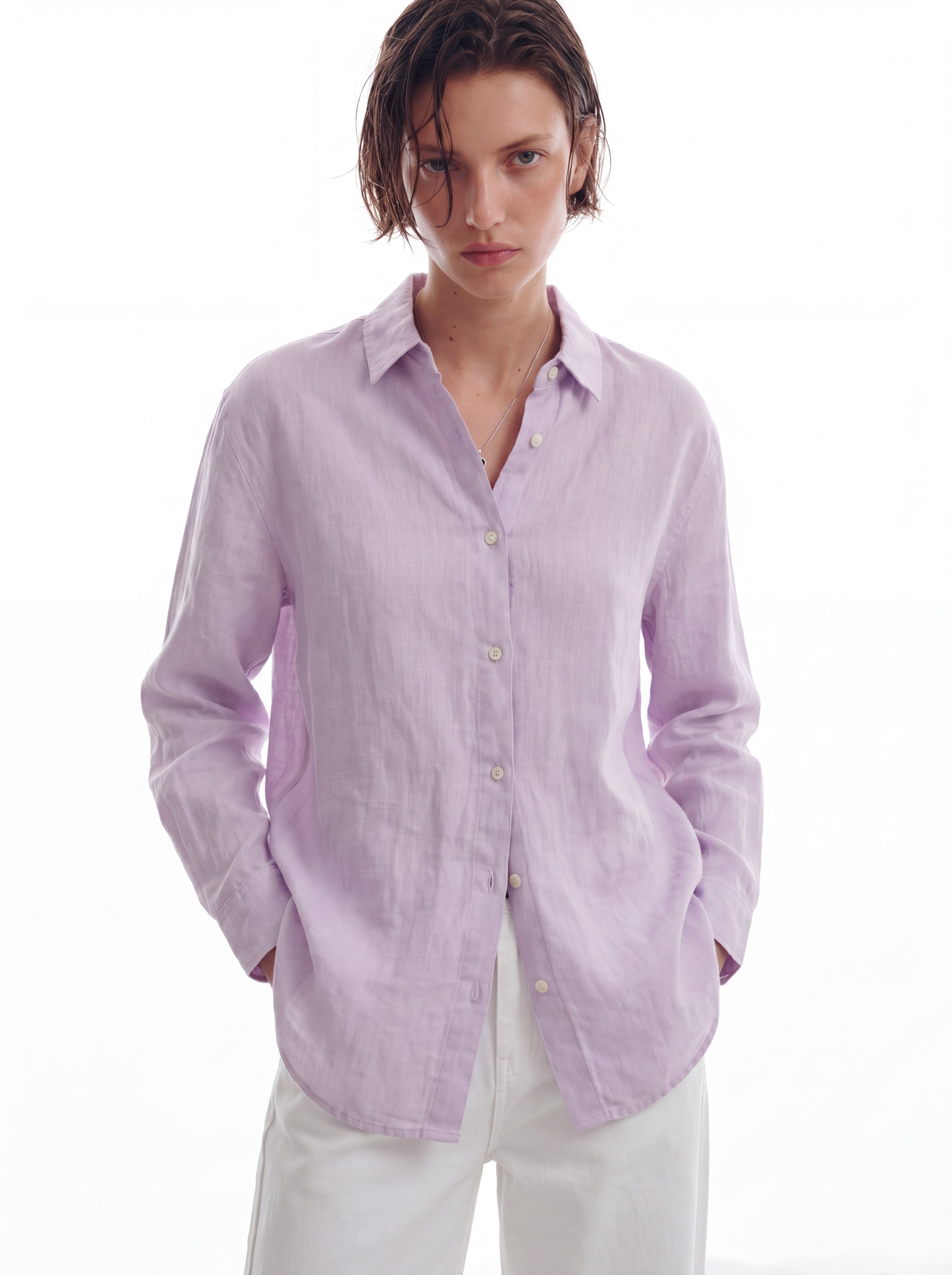 DOKUMLU %100 YIKANMIS KETEN GOMLEK LILA