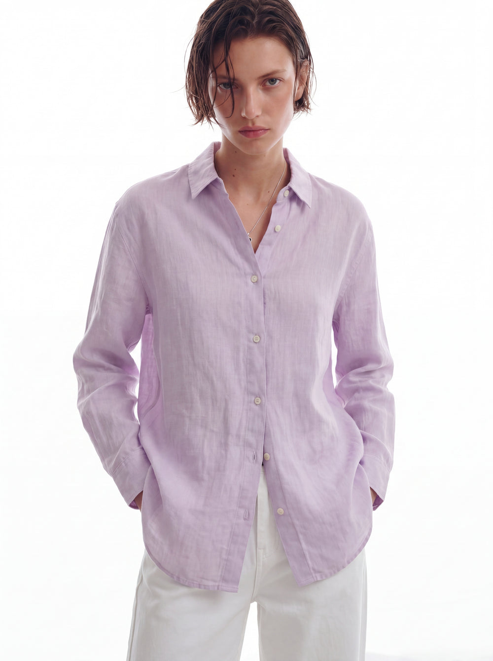 DOKUMLU %100 YIKANMIS KETEN GOMLEK LILA