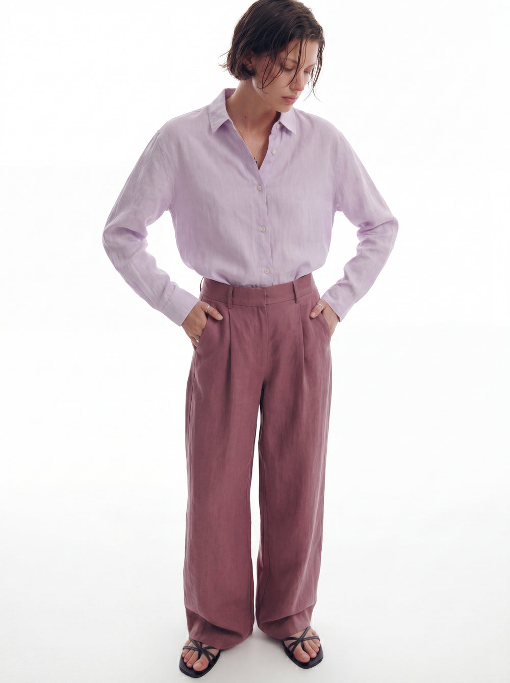 DOKUMLU %100 YIKANMIS KETEN GOMLEK LILA