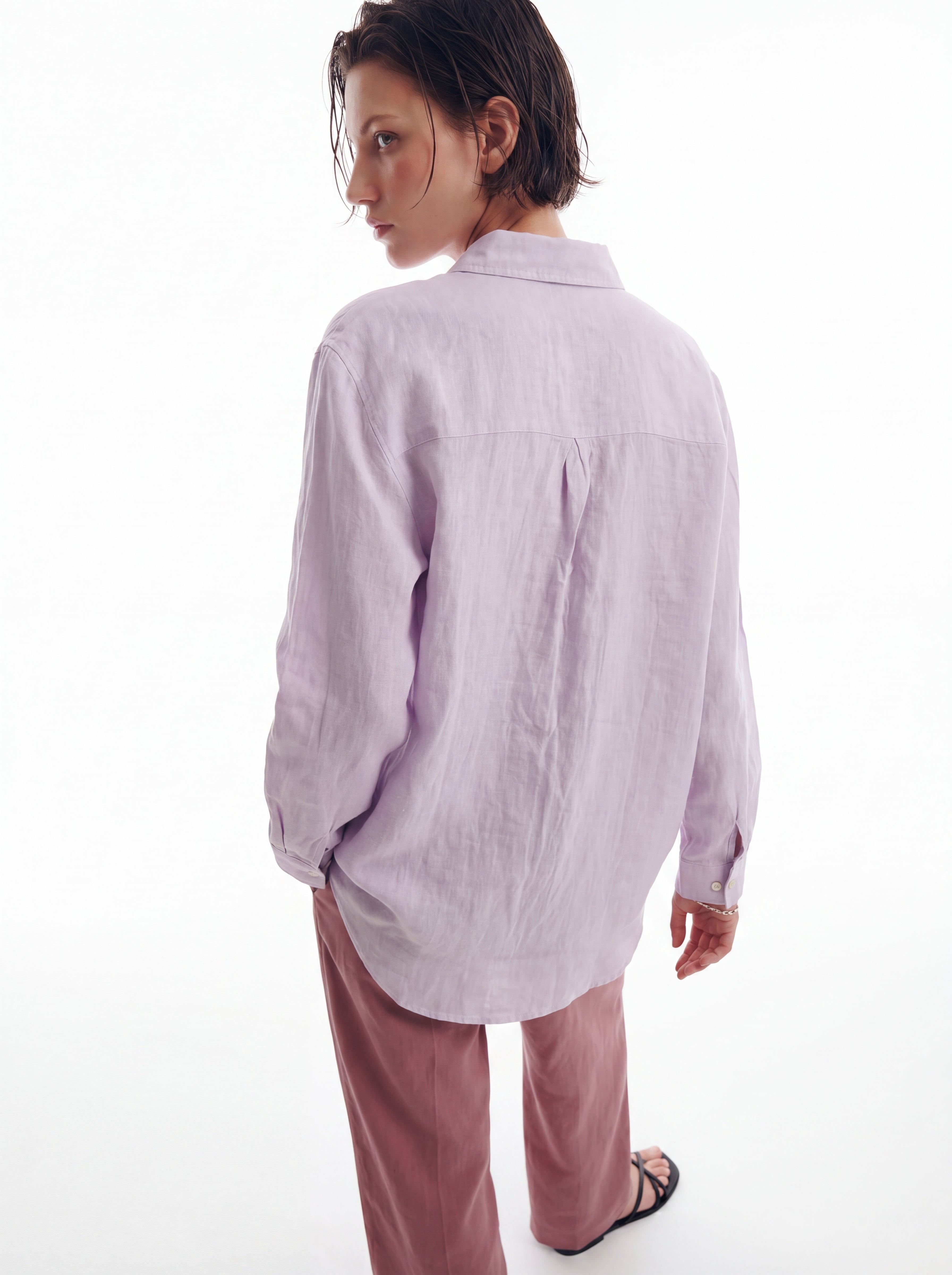 DOKUMLU %100 YIKANMIS KETEN GOMLEK LILA