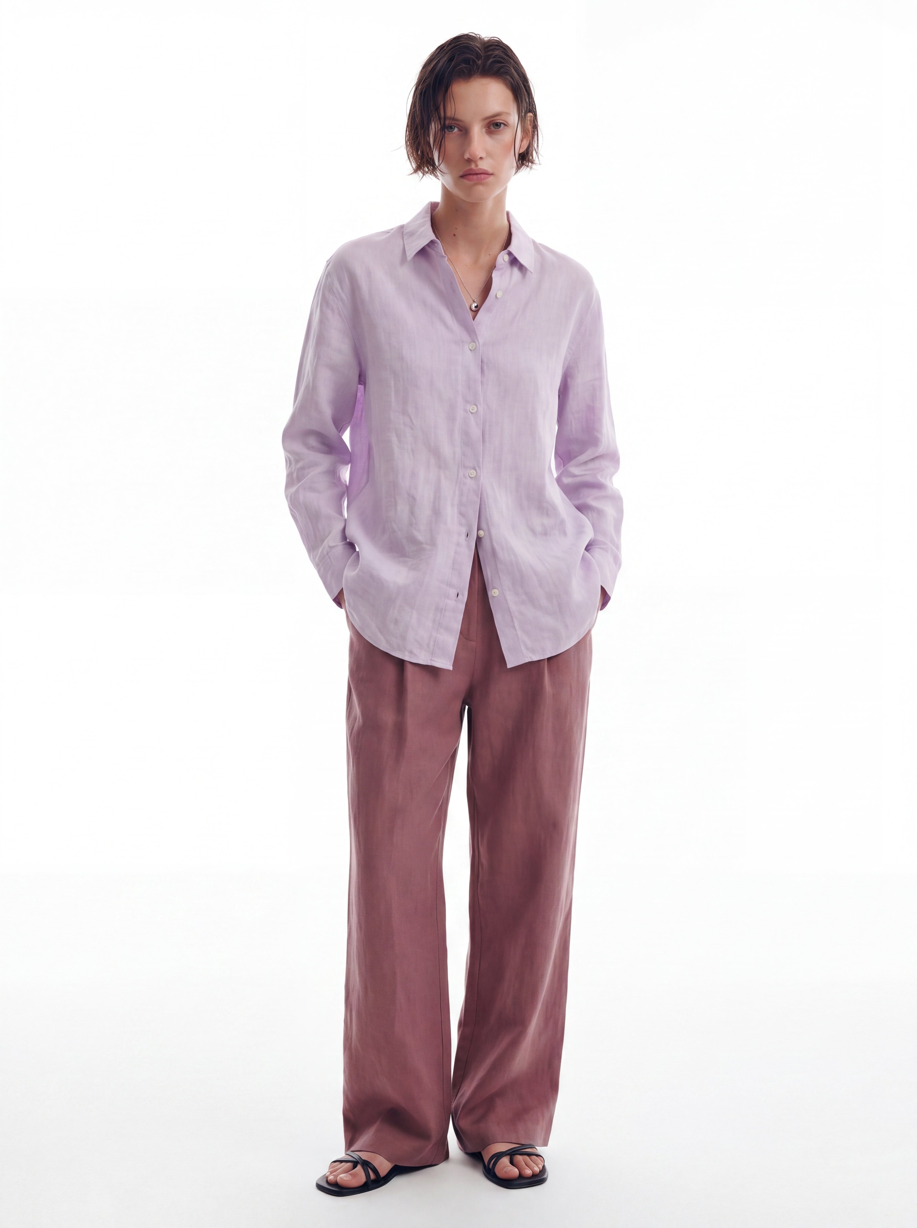 DOKUMLU %100 YIKANMIS KETEN GOMLEK LILA