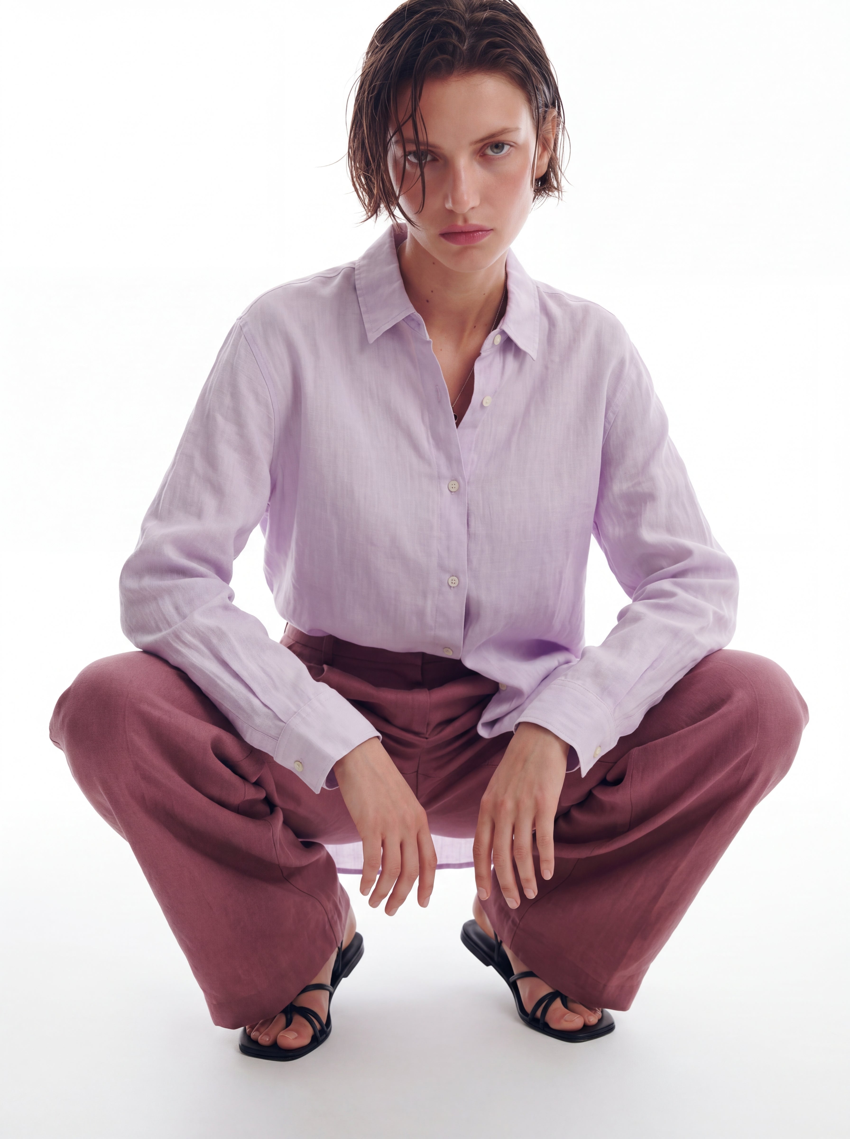 DOKUMLU %100 YIKANMIS KETEN GOMLEK LILA