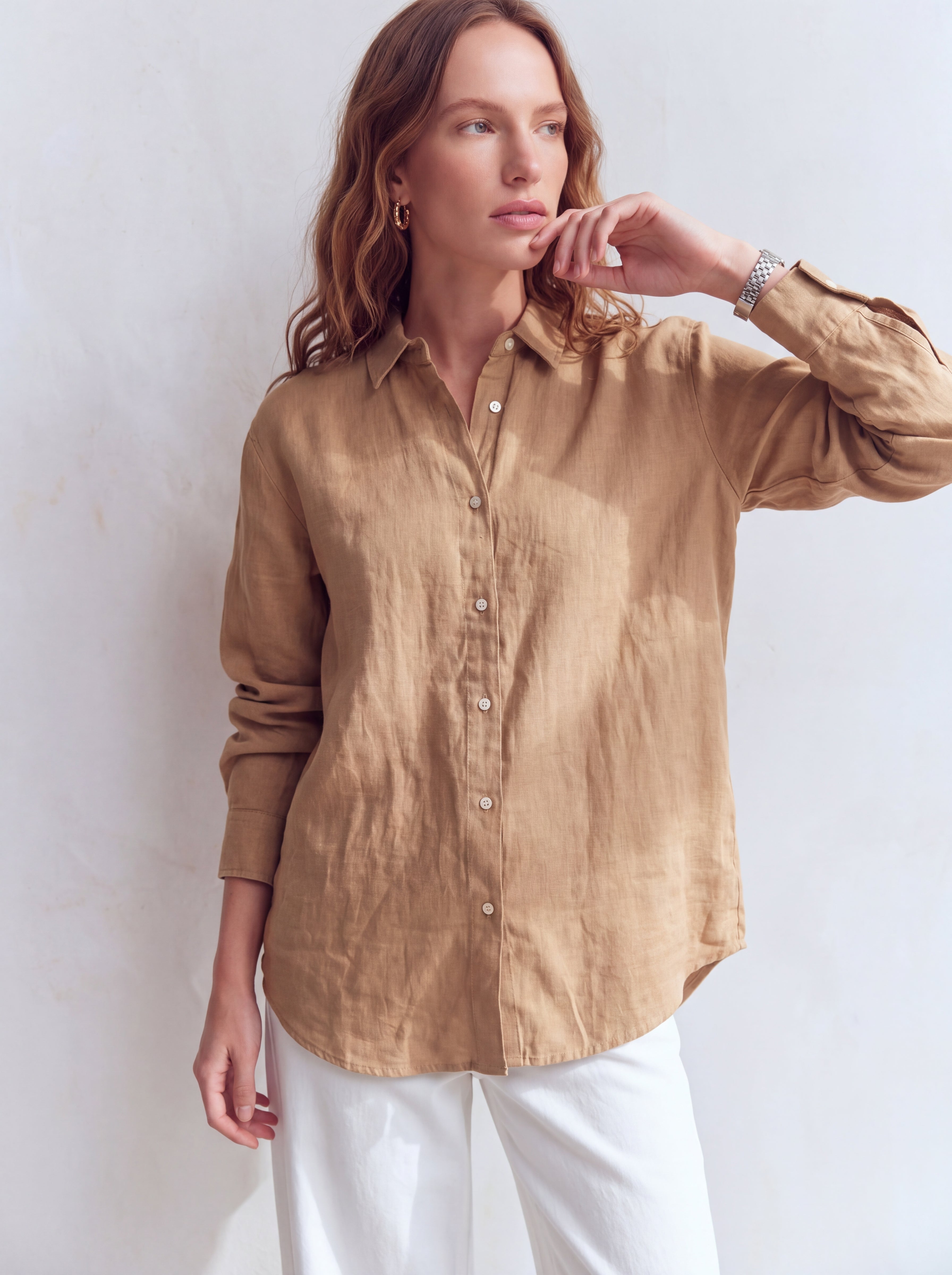 DOKUMLU %100 YIKANMIS KETEN GOMLEK CAMEL