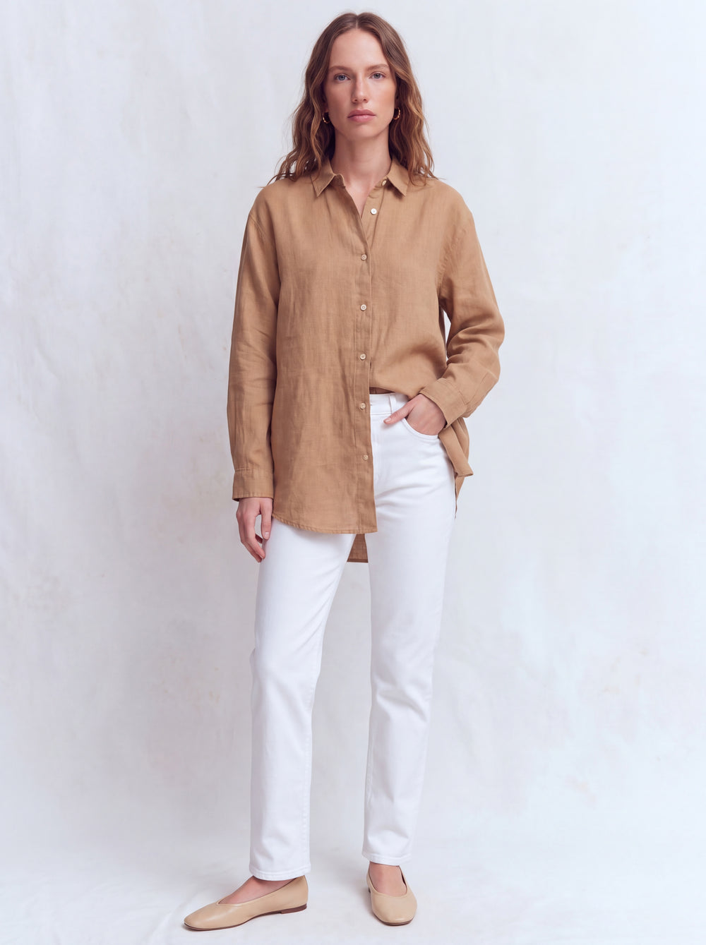 DOKUMLU %100 YIKANMIS KETEN GOMLEK CAMEL