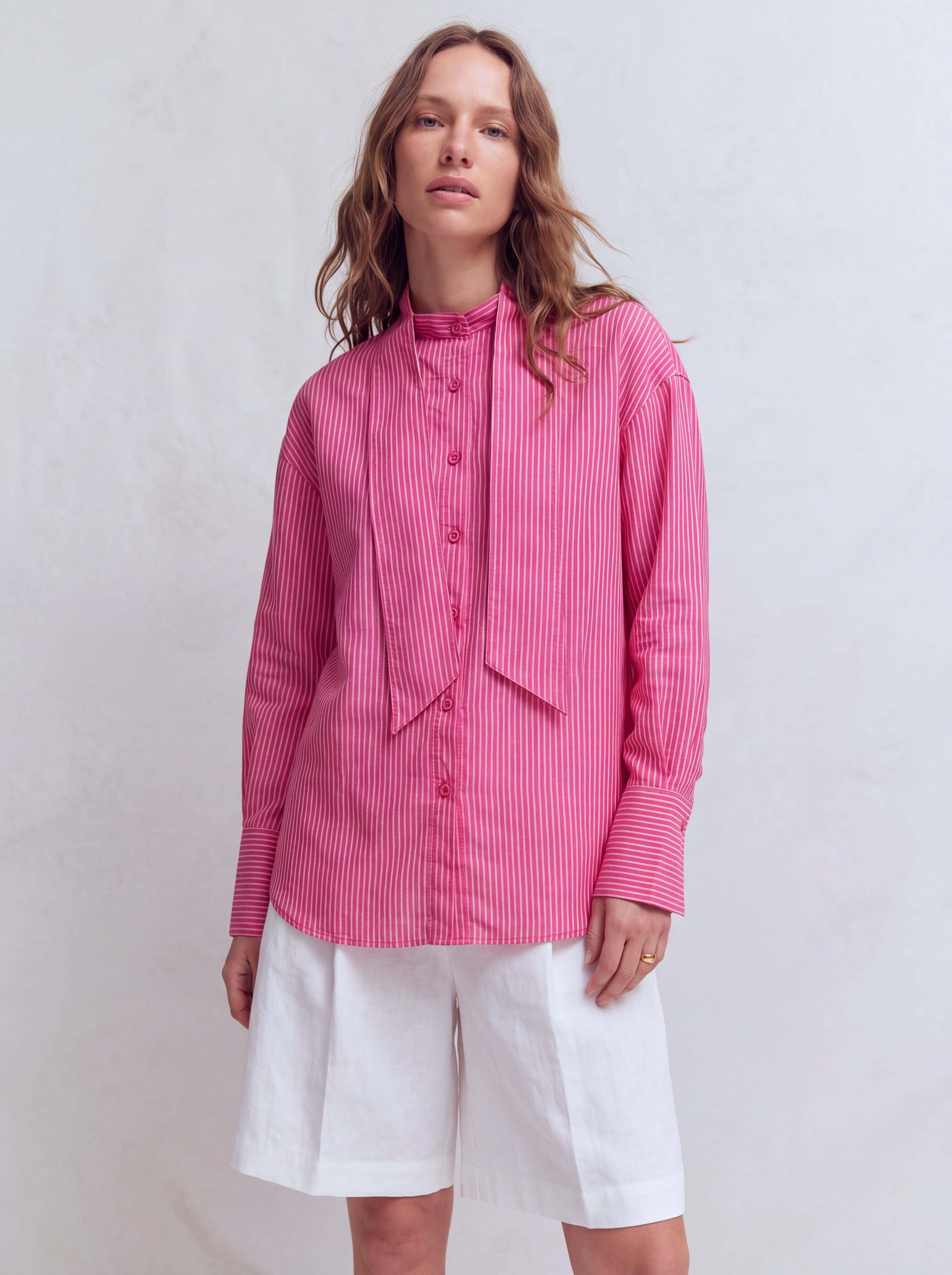 YAKA DETAYLI CIZGILI POPLIN GOMLEK CHERRY