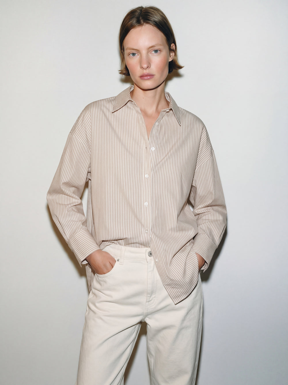 KLASIK YAKA OVERSIZE CIZGILI POPLIN GOMLEK BEIGE