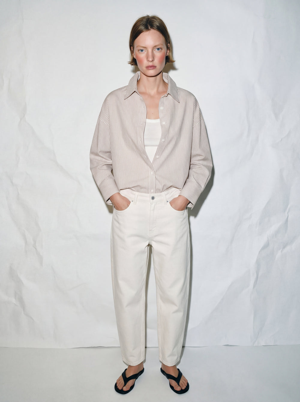 KLASIK YAKA OVERSIZE CIZGILI POPLIN GOMLEK BEIGE