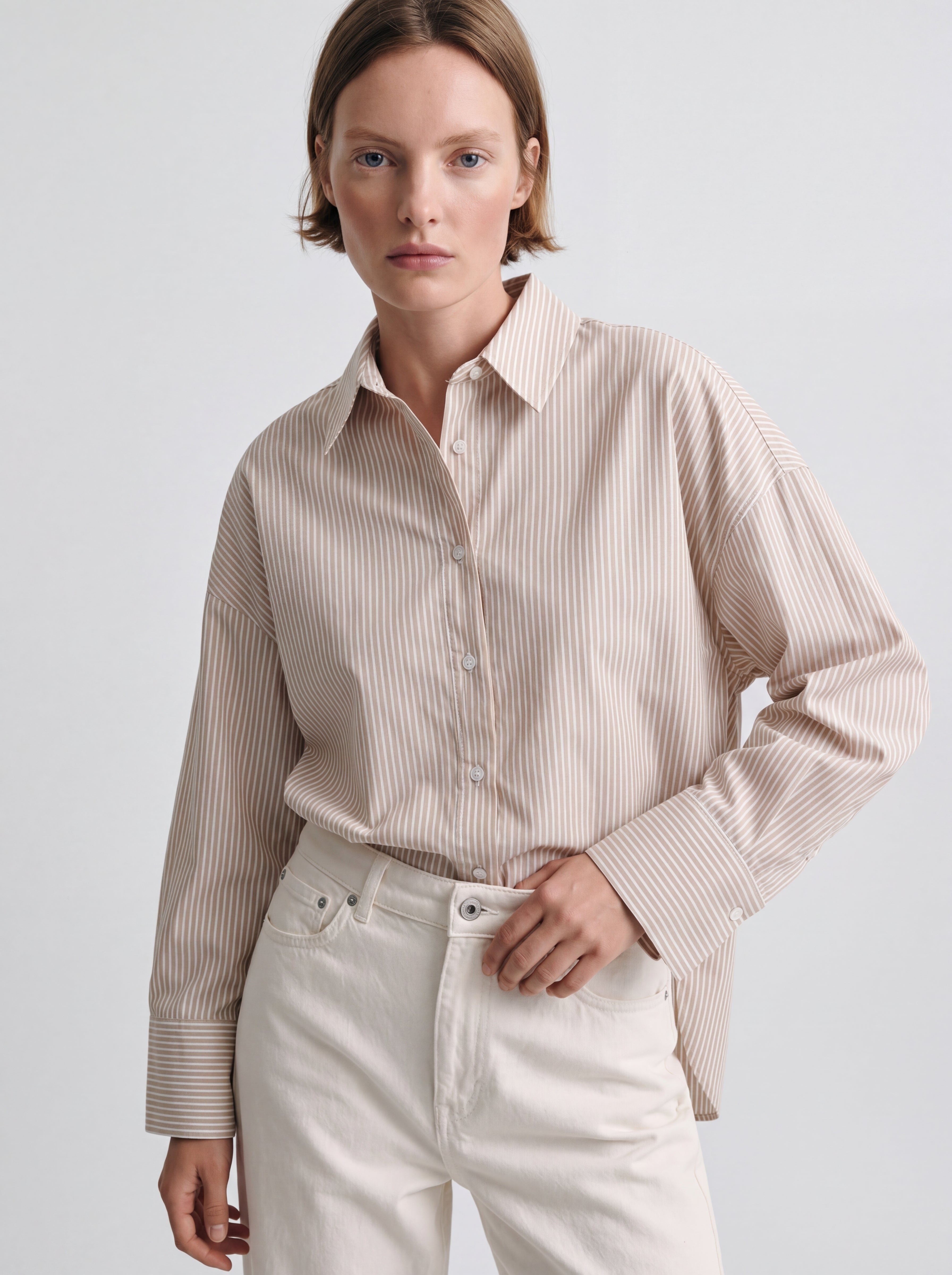 KLASIK YAKA OVERSIZE CIZGILI POPLIN GOMLEK BEIGE