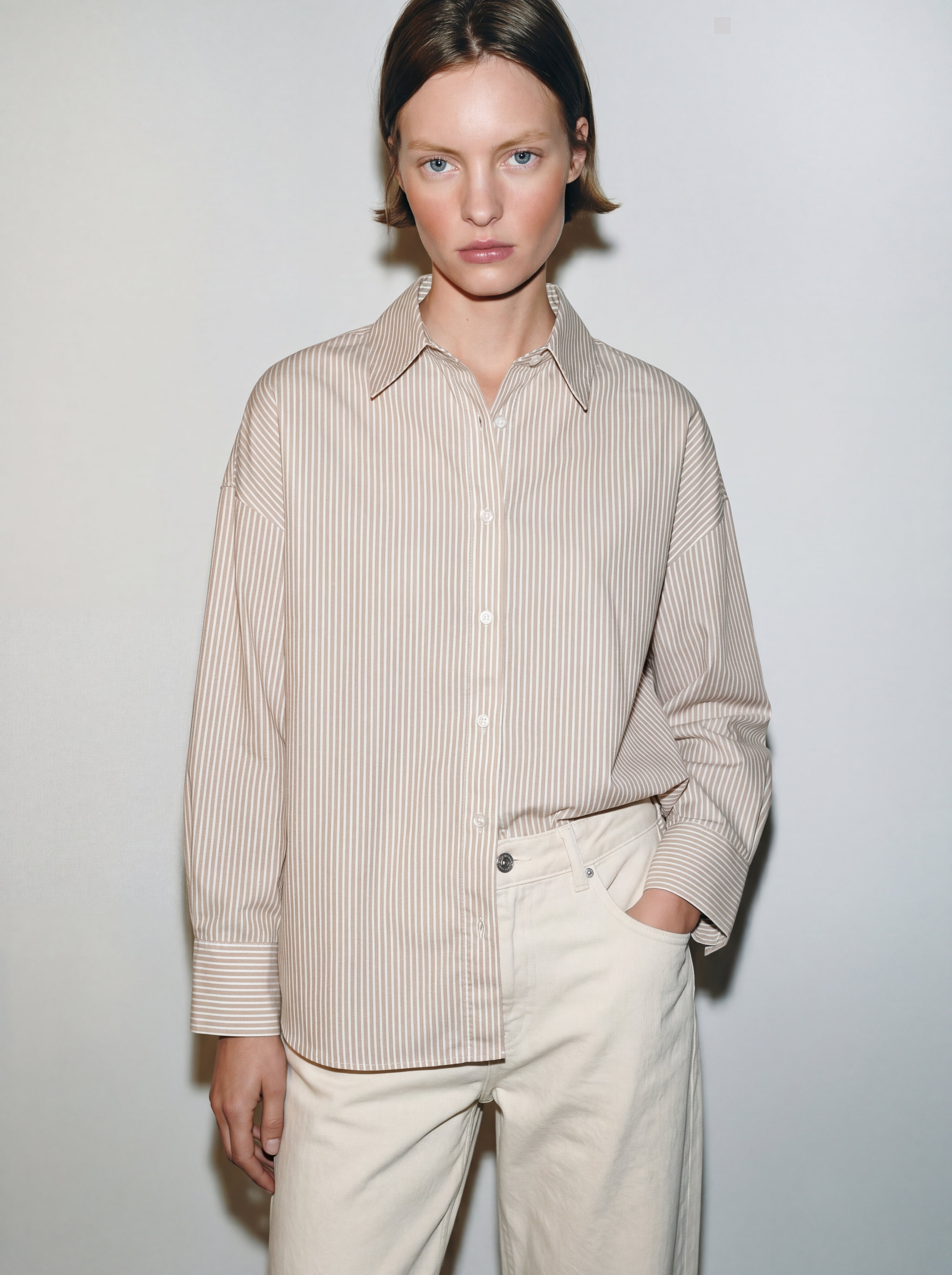 KLASIK YAKA OVERSIZE CIZGILI POPLIN GOMLEK BEIGE