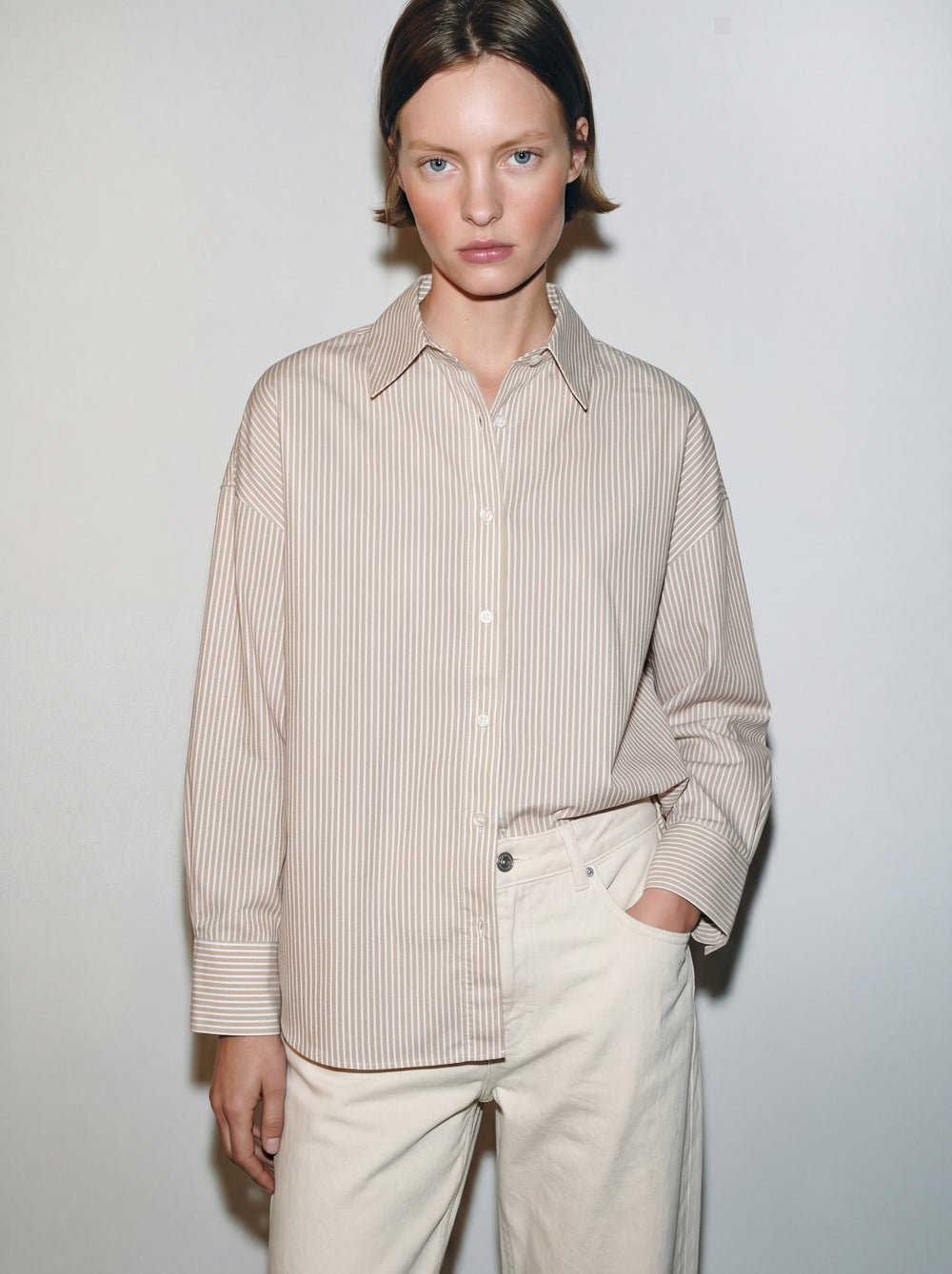 KLASIK YAKA OVERSIZE CIZGILI POPLIN GOMLEK BEIGE