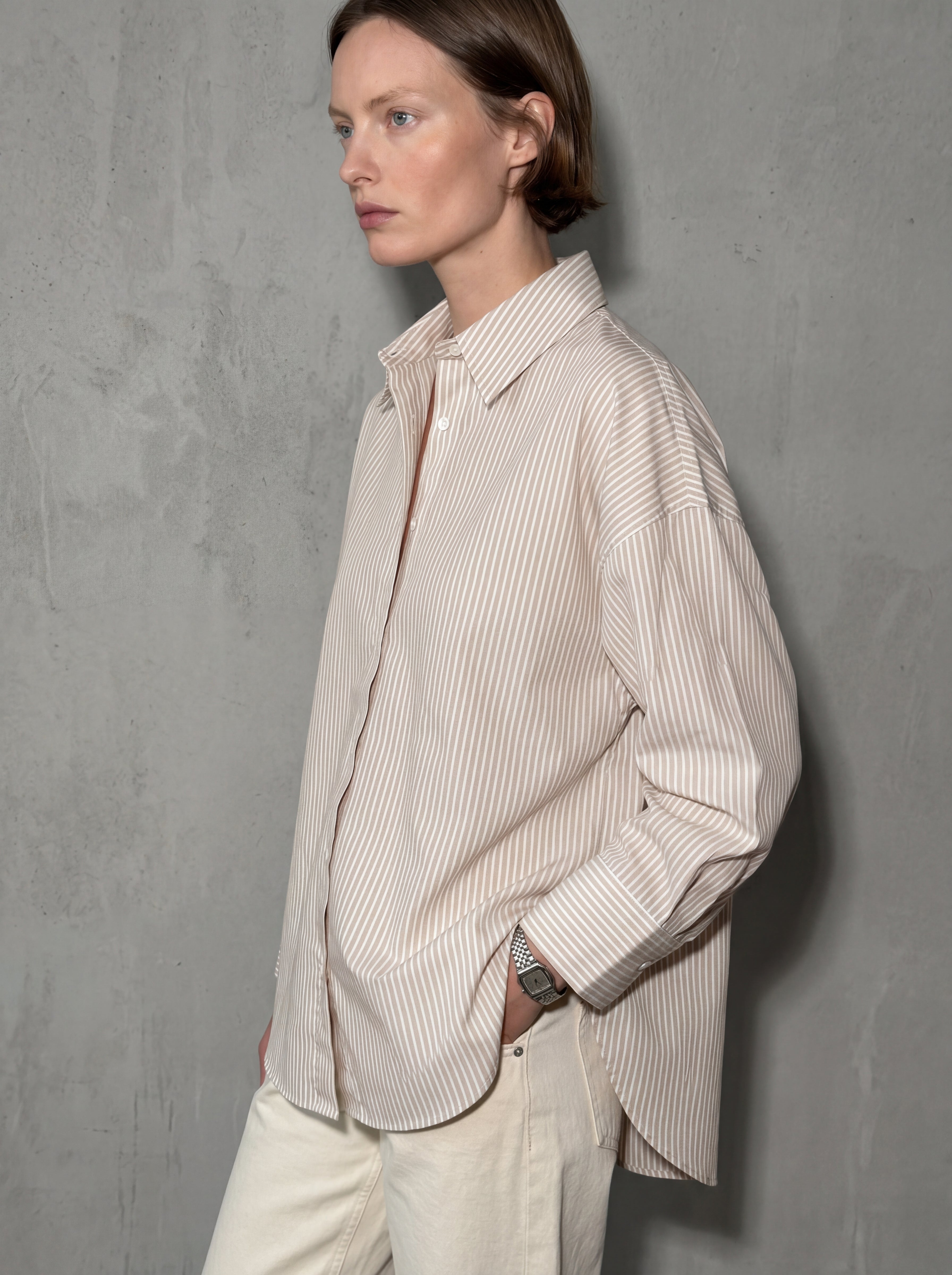 KLASIK YAKA OVERSIZE CIZGILI POPLIN GOMLEK BEIGE