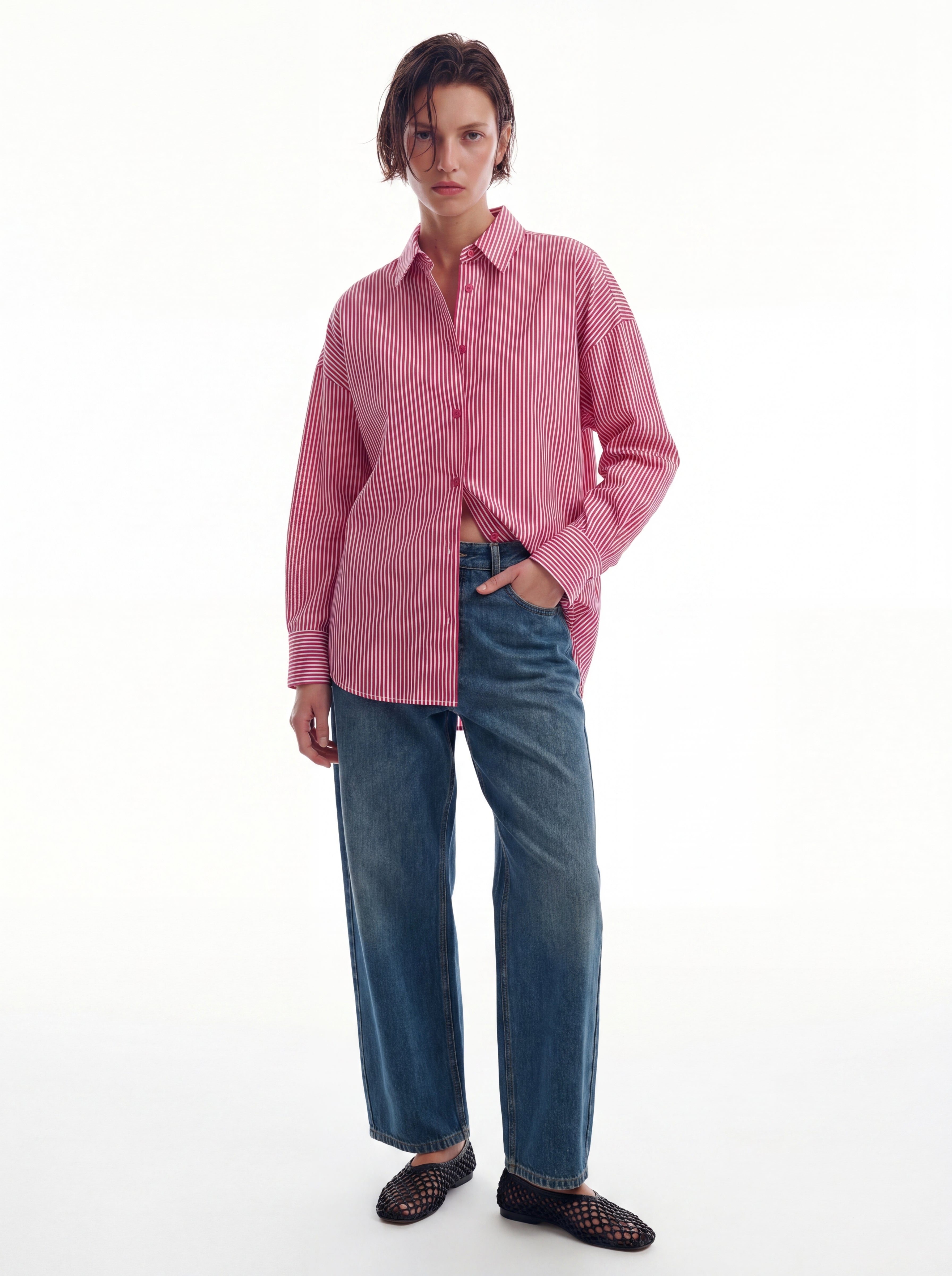 KLASIK YAKA OVERSIZE CIZGILI POPLIN GOMLEK FUSYA