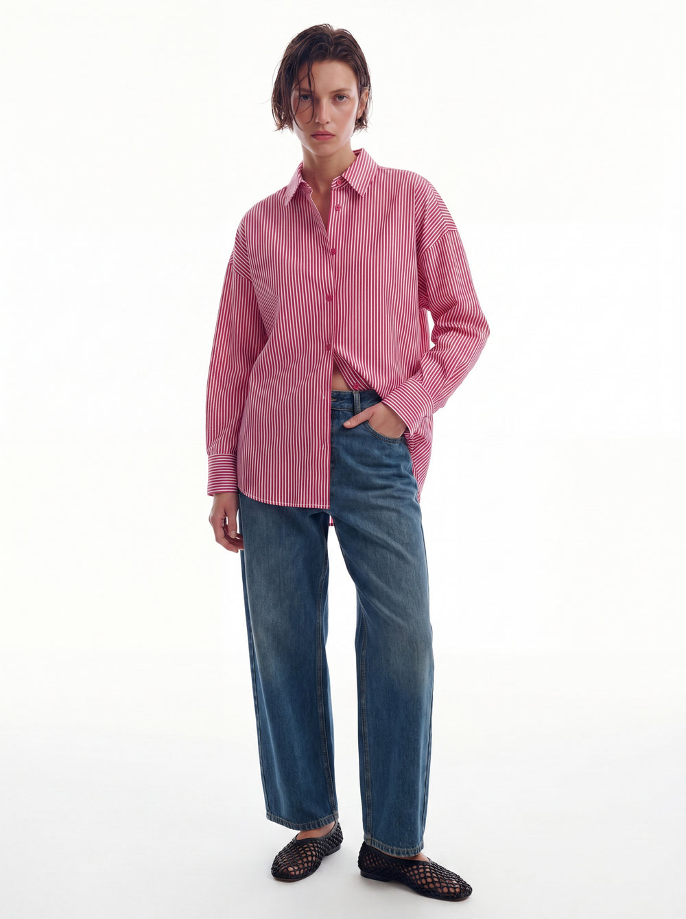 KLASIK YAKA OVERSIZE CIZGILI POPLIN GOMLEK FUSYA