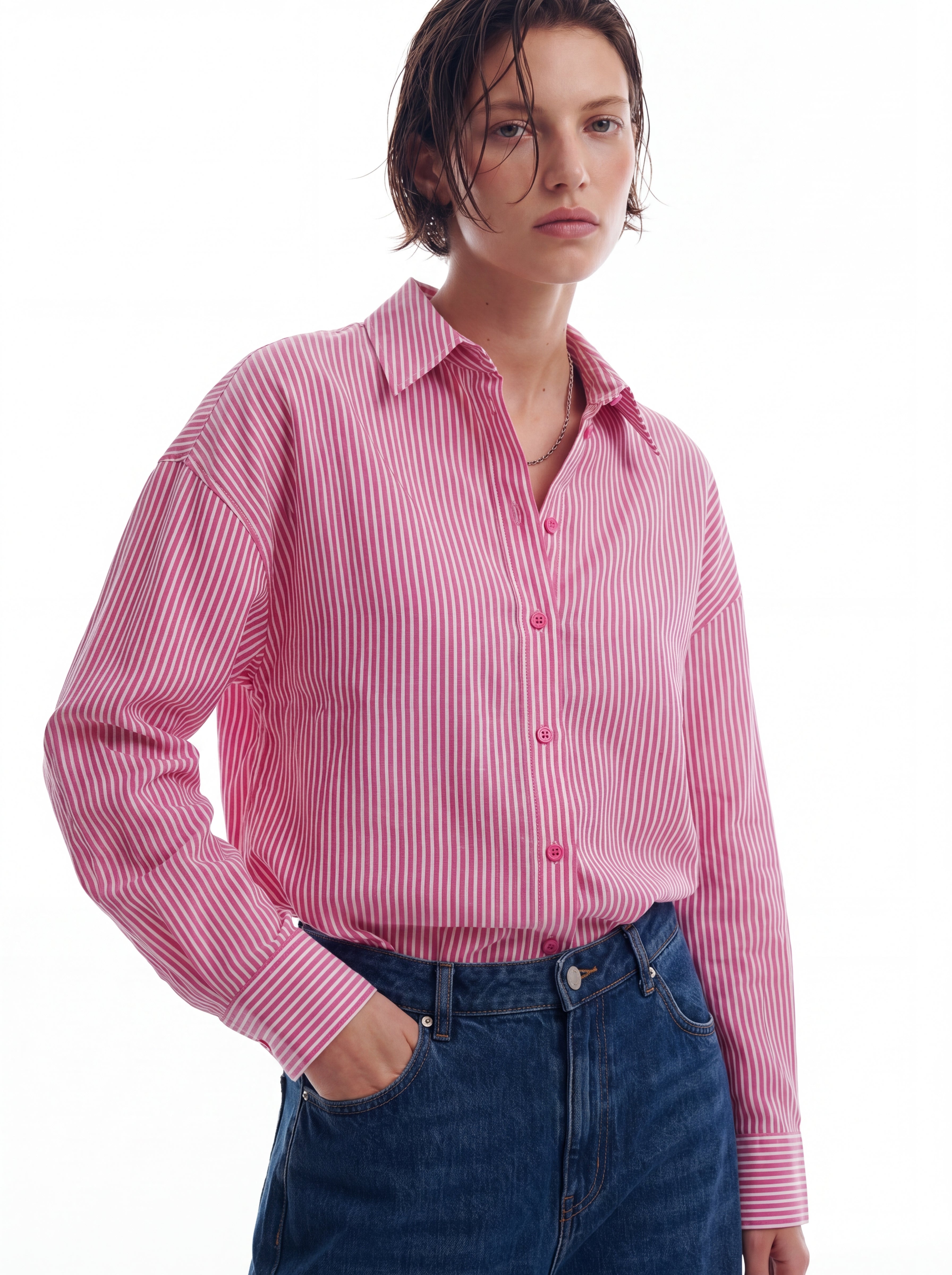 KLASIK YAKA OVERSIZE CIZGILI POPLIN GOMLEK FUSYA