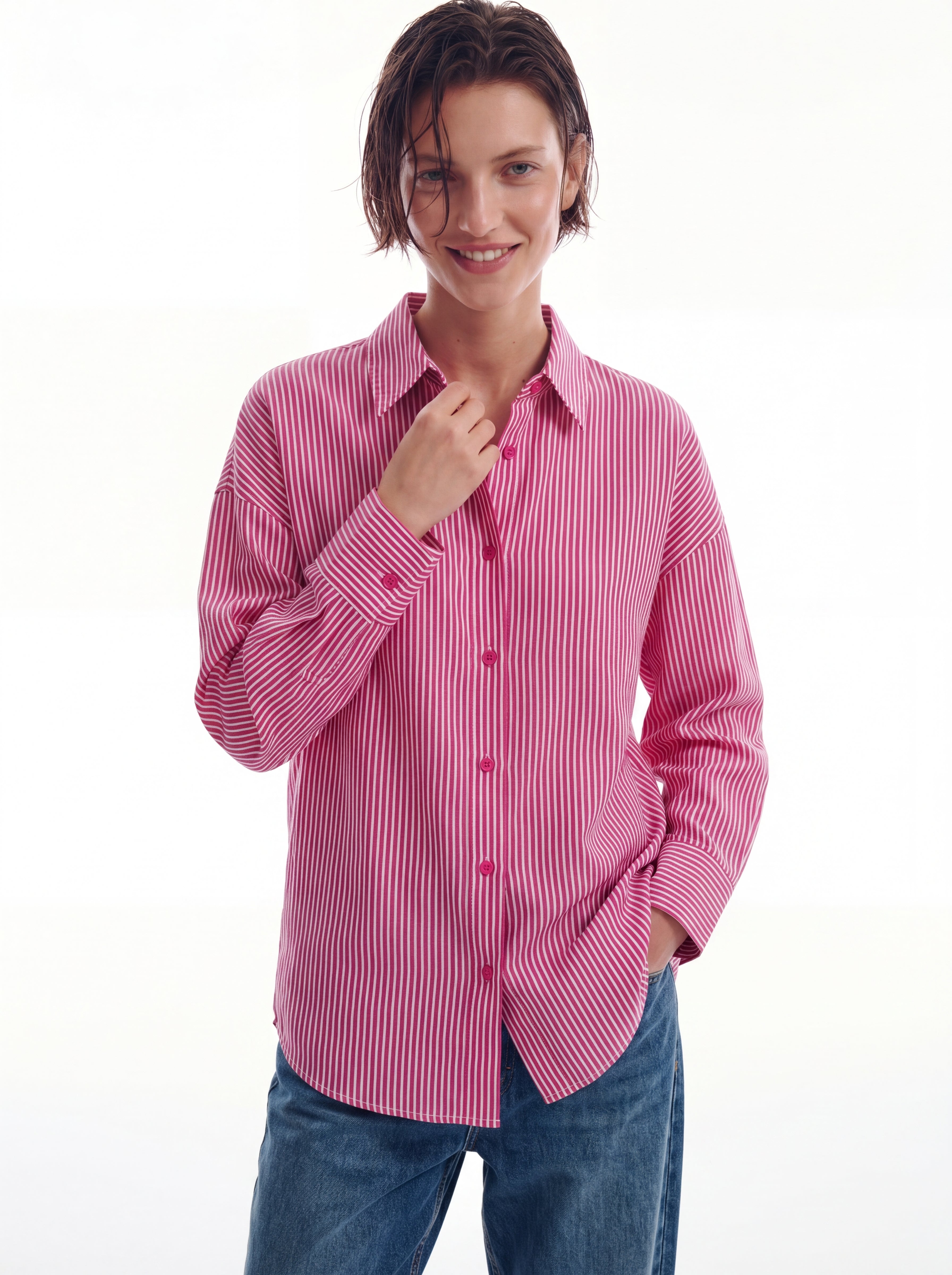 KLASIK YAKA OVERSIZE CIZGILI POPLIN GOMLEK FUSYA