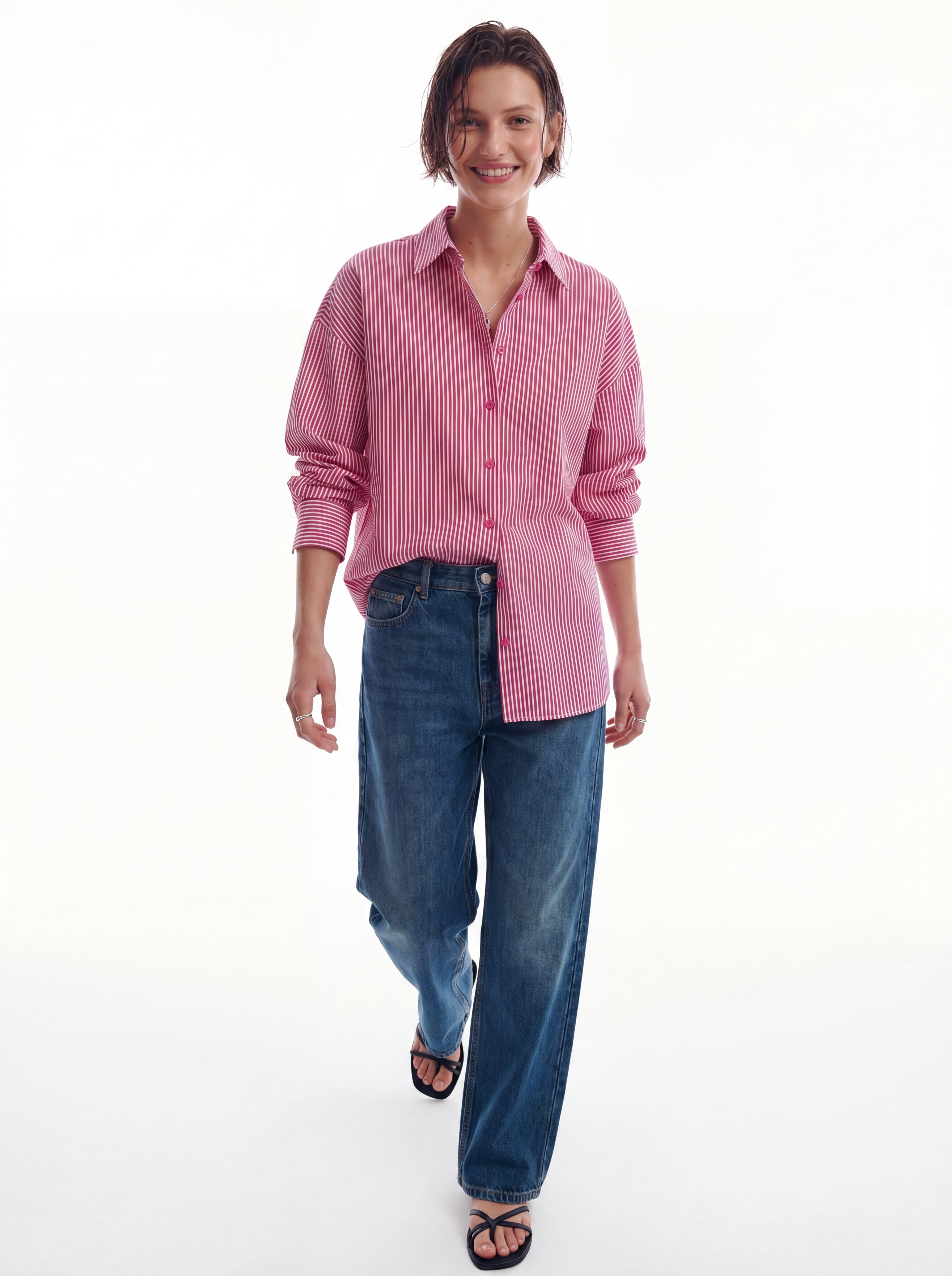 KLASIK YAKA OVERSIZE CIZGILI POPLIN GOMLEK FUSYA