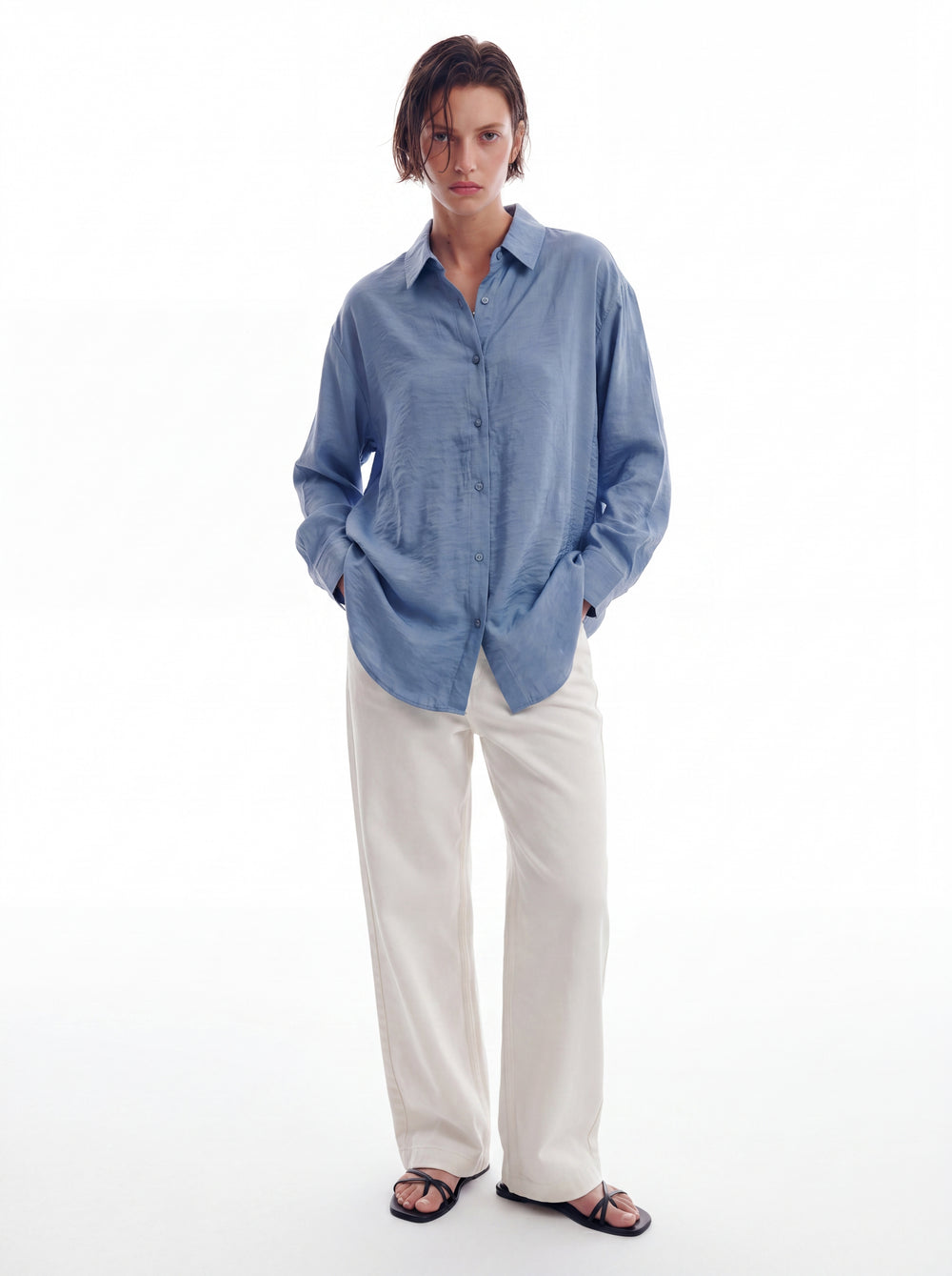 DOKUMLU TENSEL GOMLEK MAVI