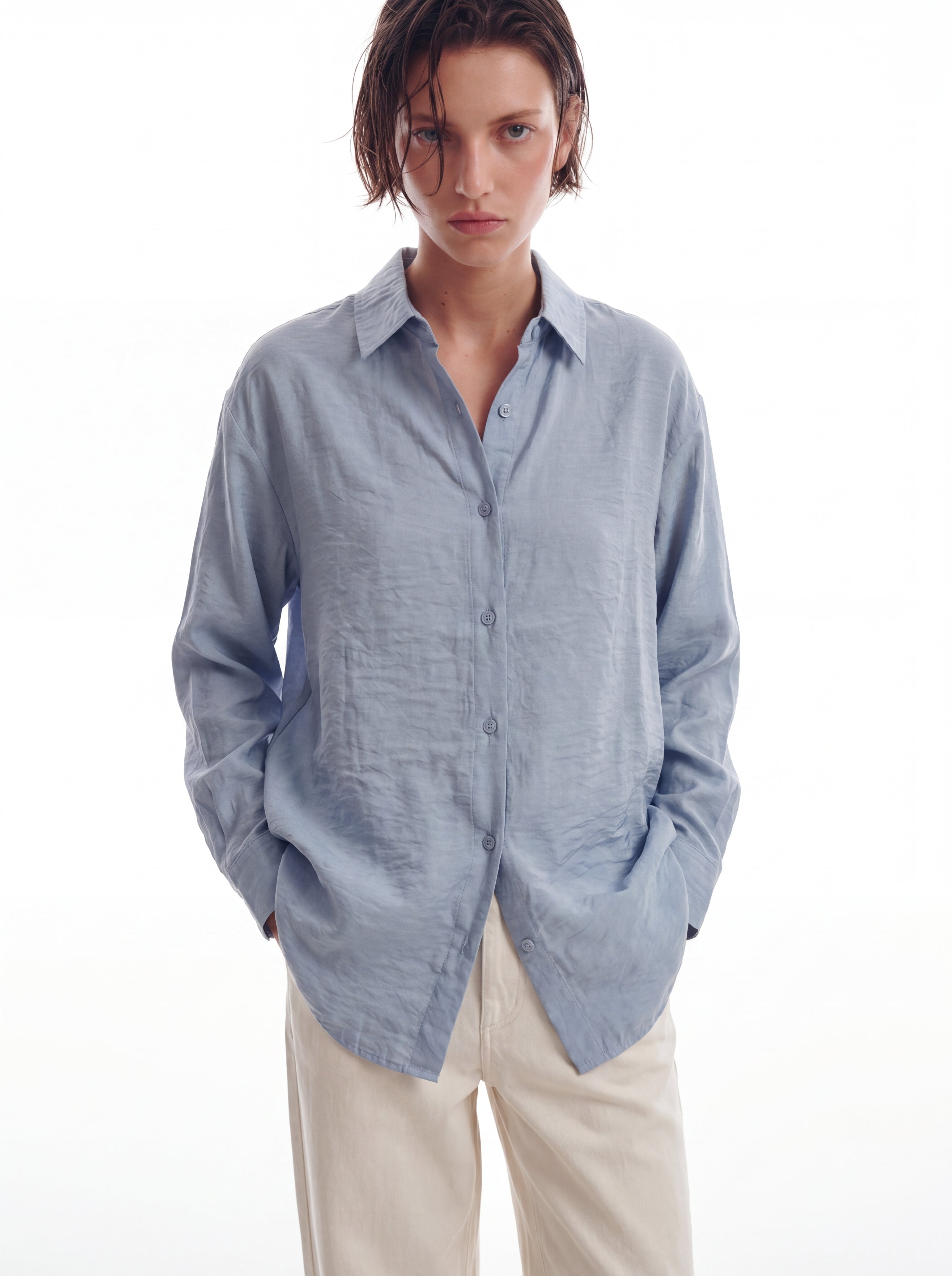 DOKUMLU TENSEL GOMLEK MAVI