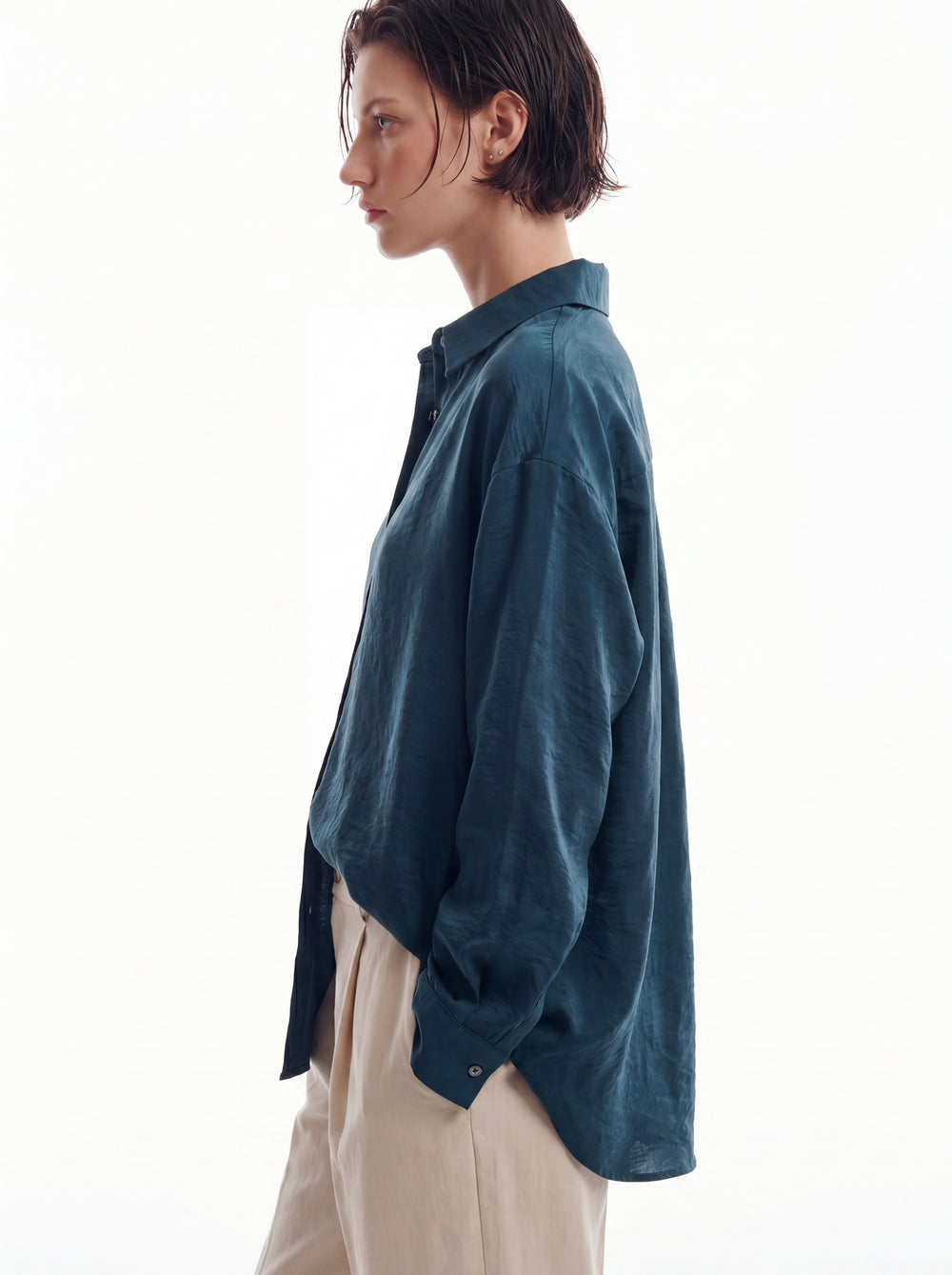 DOKUMLU TENCEL GOMLEK PETROL MAVI