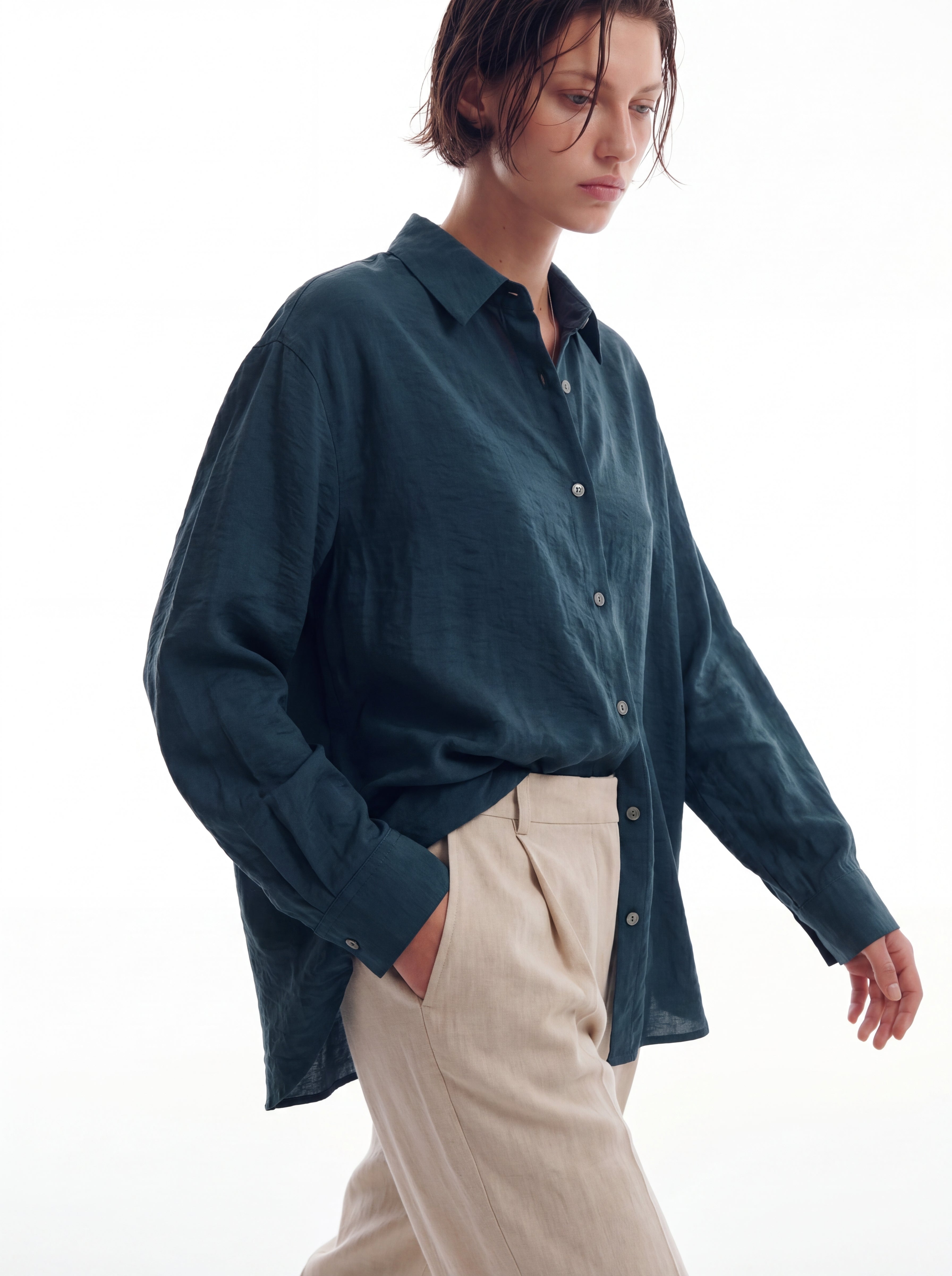 DOKUMLU TENCEL GOMLEK PETROL MAVI