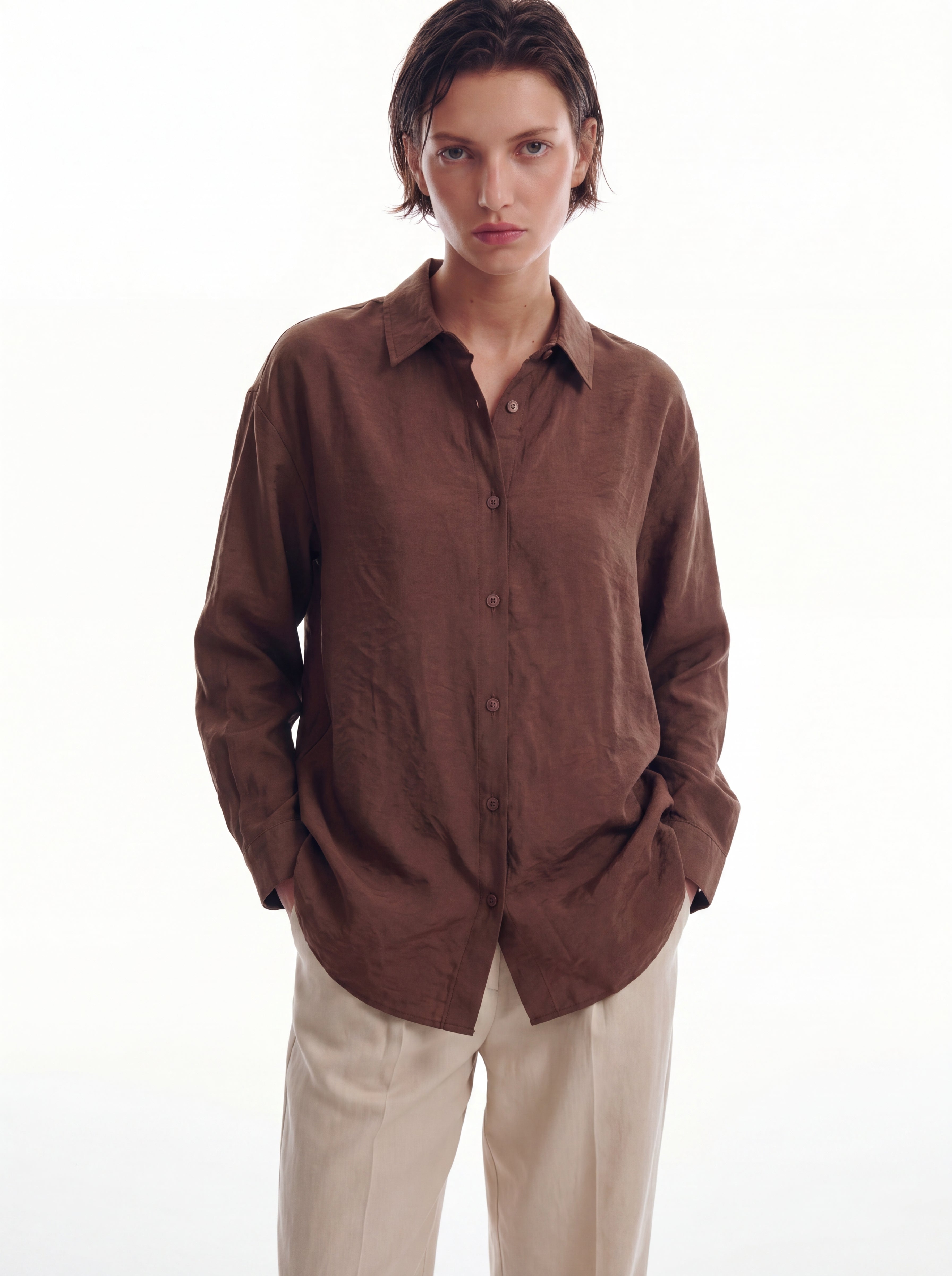 DOKUMLU TENCEL GOMLEK AMBER CAMEL