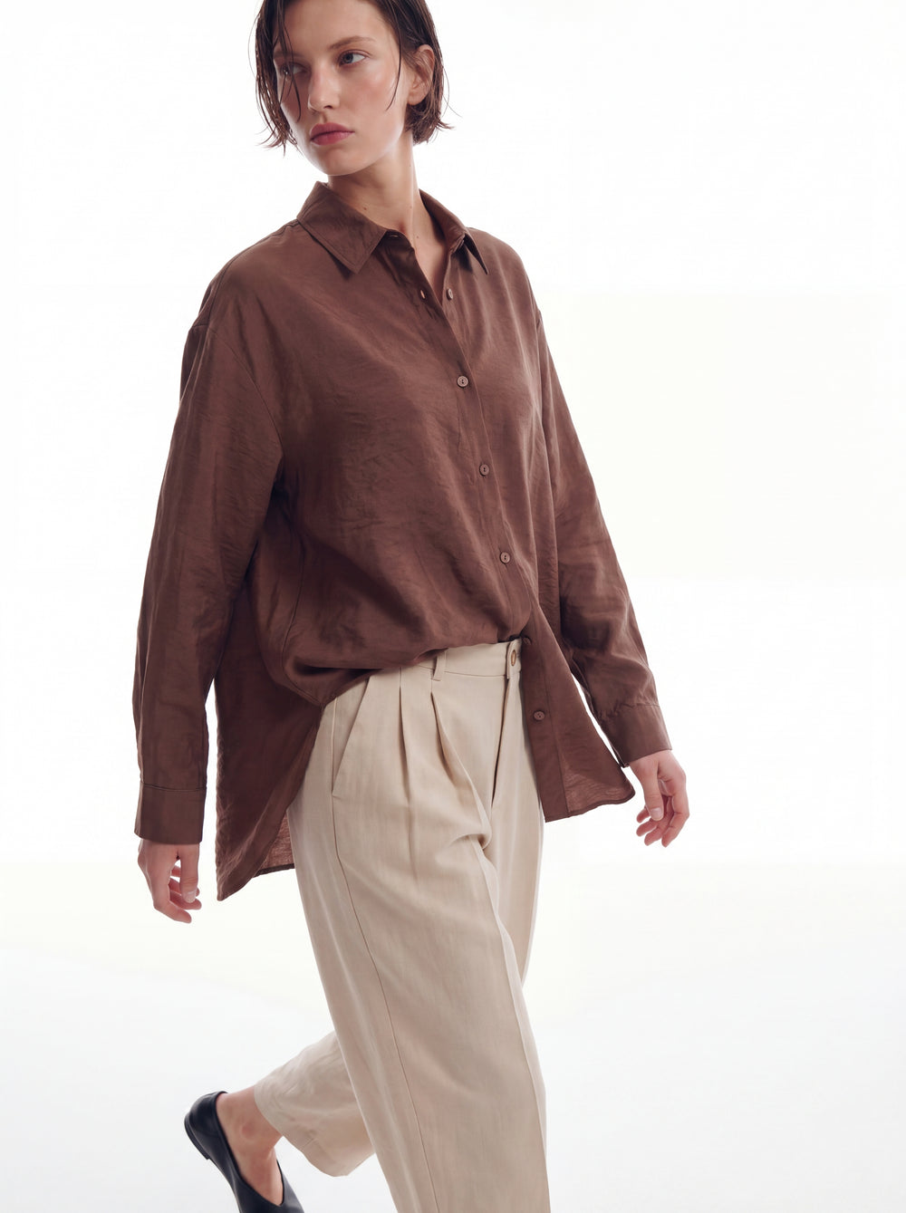 DOKUMLU TENCEL GOMLEK AMBER CAMEL