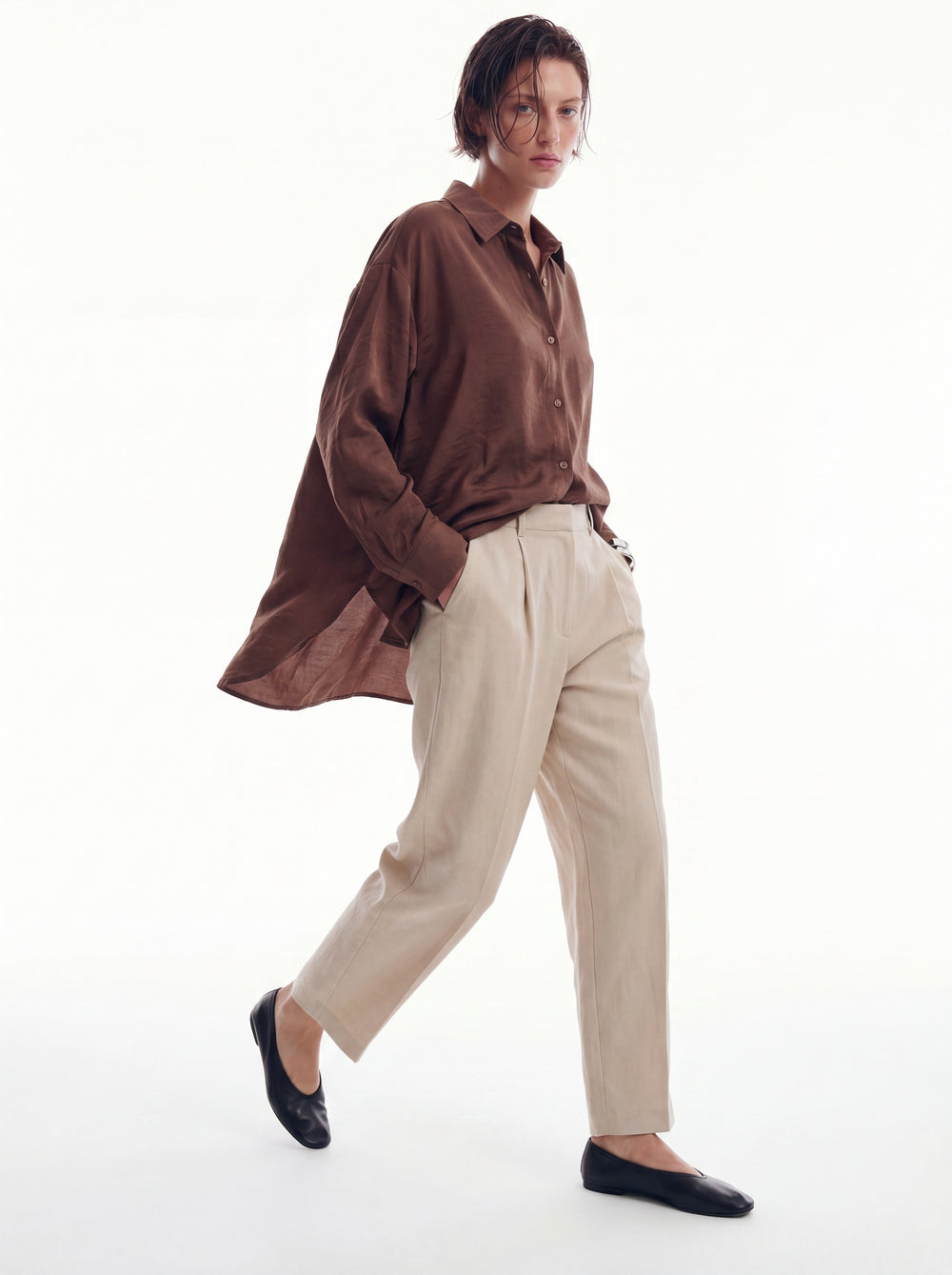 DOKUMLU TENCEL GOMLEK AMBER CAMEL