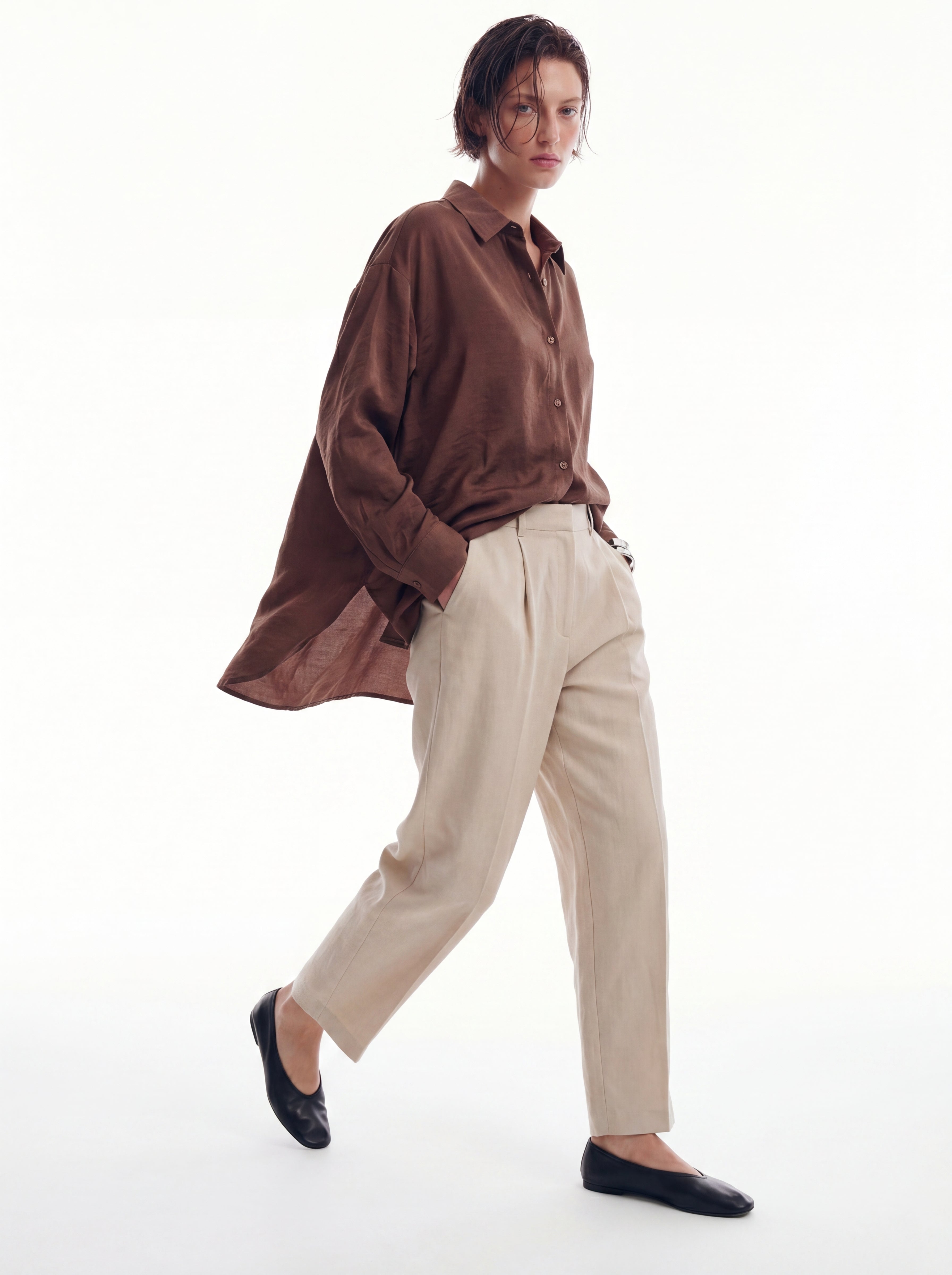 DOKUMLU TENCEL GOMLEK AMBER CAMEL