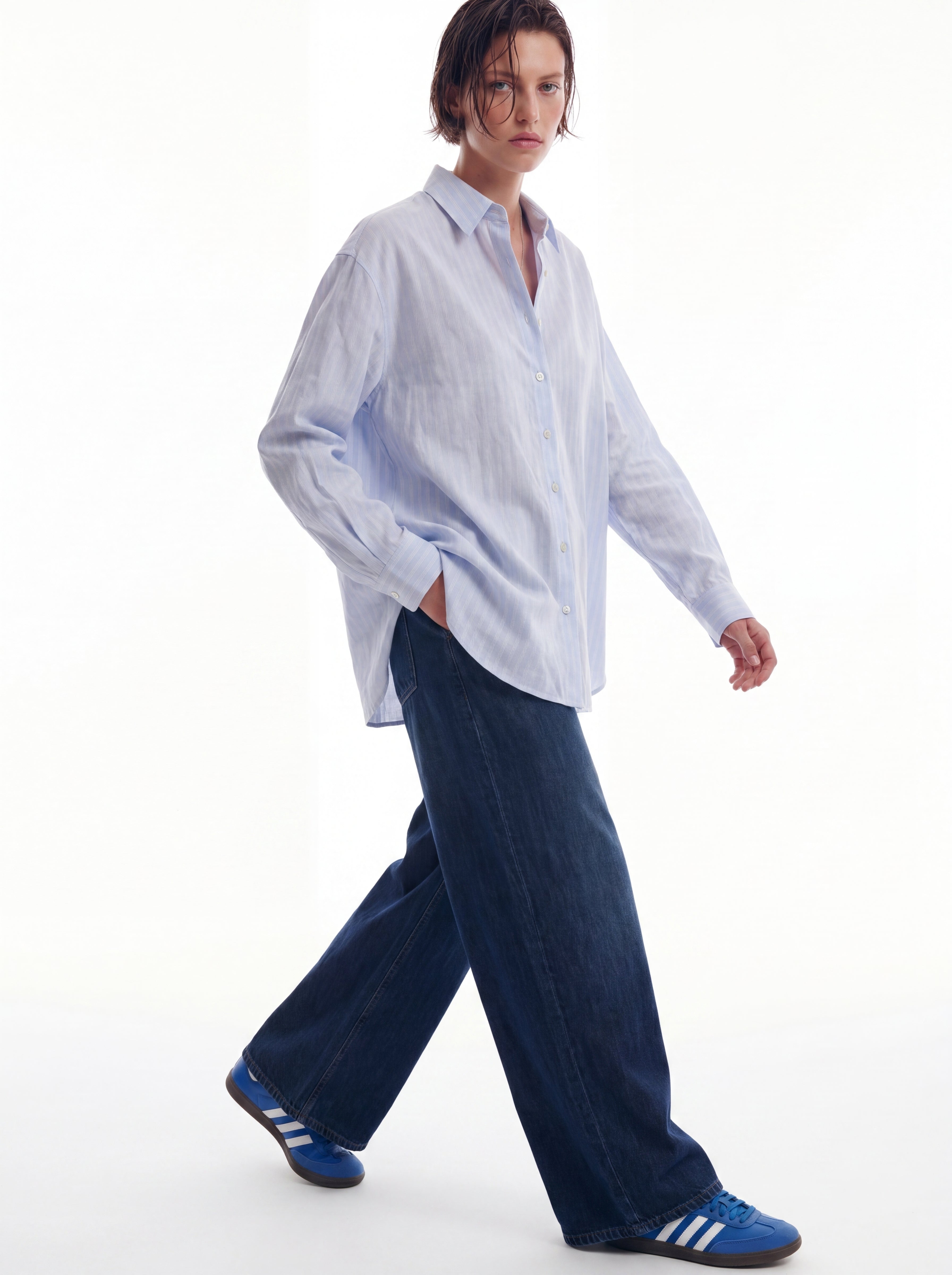 BRITISH POPLIN OVERSIZE CIZGILI GOMLEK MAVI