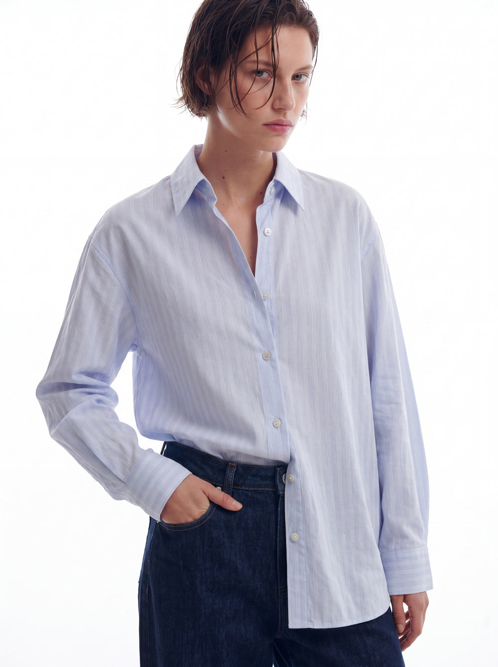 BRITISH POPLIN OVERSIZE CIZGILI GOMLEK MAVI